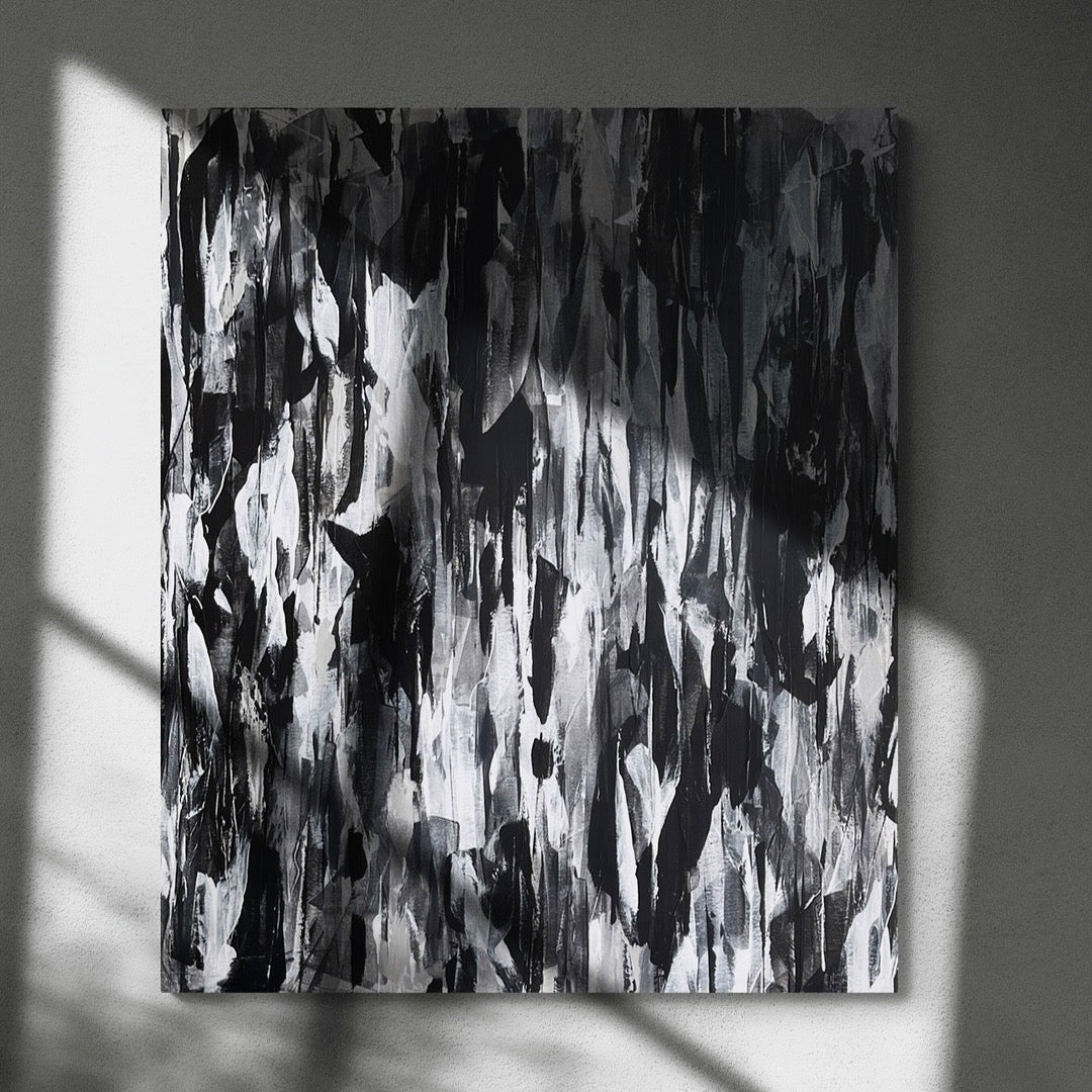 Semblance. Monochrome abstract painting on canvas. 100x120cm. Chris Moss Art