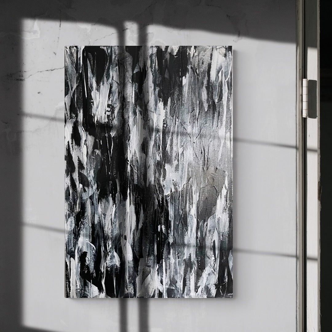 Shadow. Monochrome abstract painting on canvas. 50x76cm. Chris Moss Art