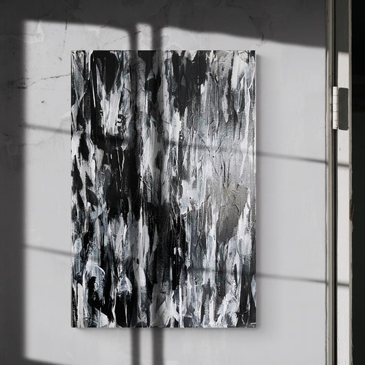 Shadow. Monochrome abstract painting on canvas. 50x76cm. Chris Moss Art