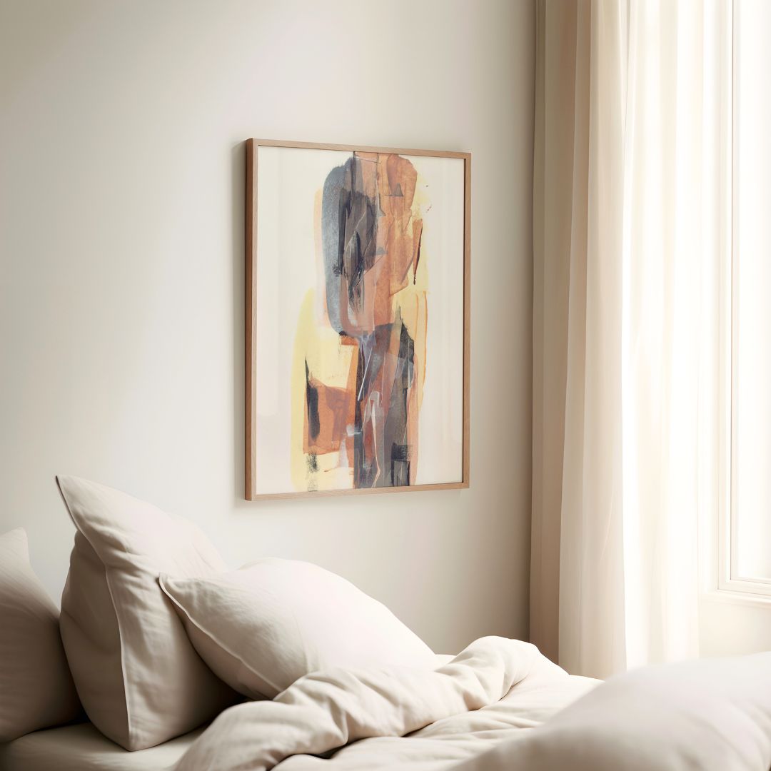Bare | warm neutral abstract fine art print styled on taupe wall in bedroom next to a window | natural frame | Chris Moss Art