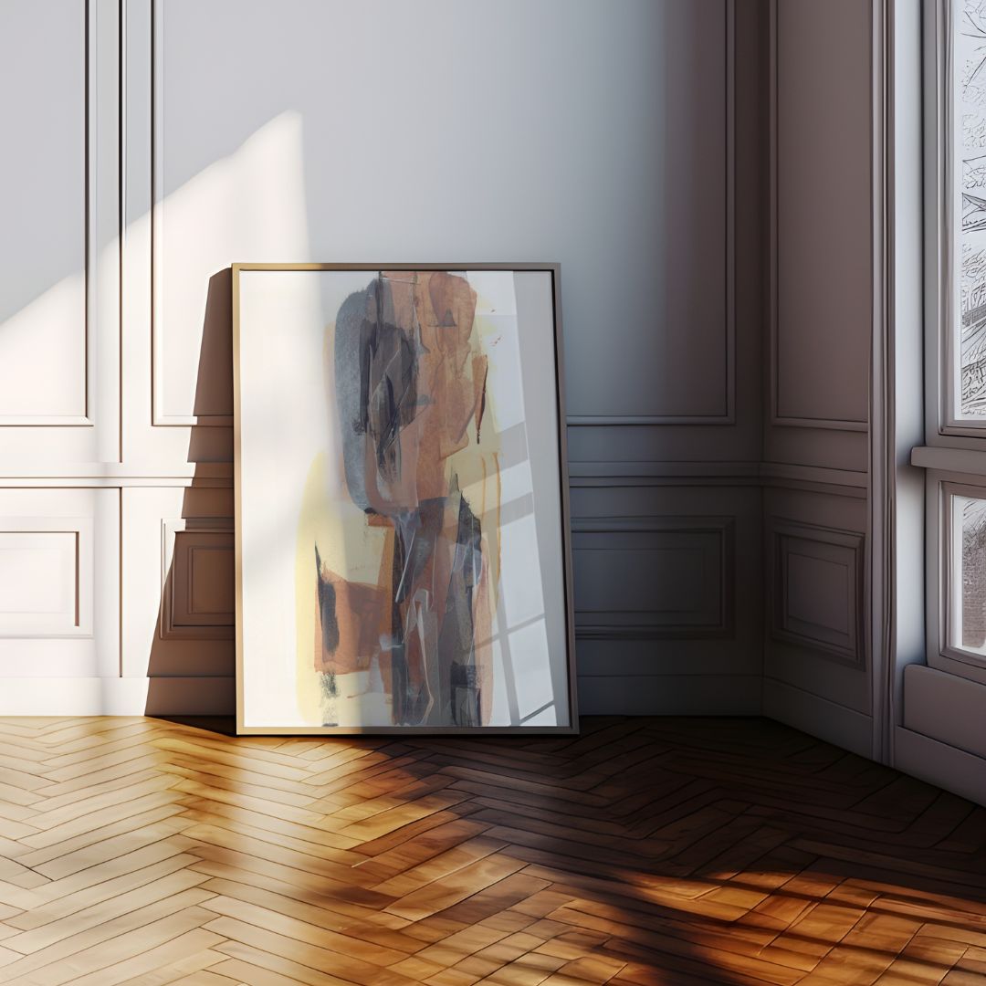 Bare | warm neutral fine art print in natural wood frame, styled against a white panelled wall on dark parque flooring | Chris Moss Art