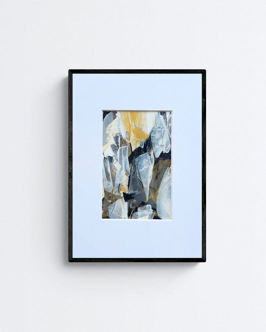 Embers | Neutral & gold original abstract painting on paper | mounted to A3 | room mock up in black frame on cream background | Chris Moss Art