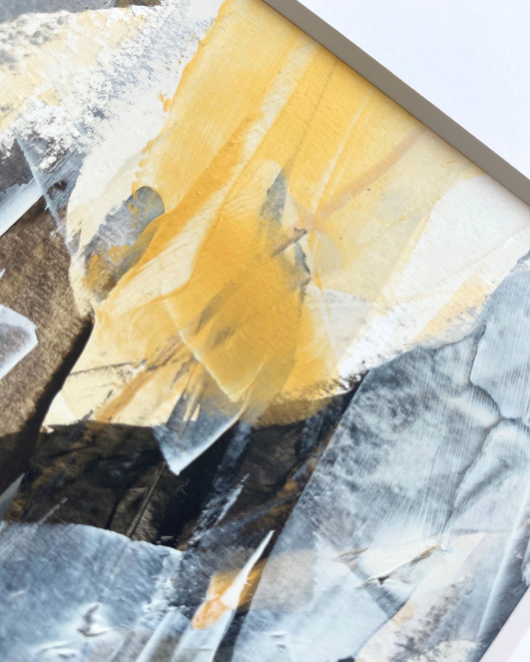 Embers | Neutral & gold original abstract painting on paper | mounted to A3 | close up of surface | Chris Moss Art