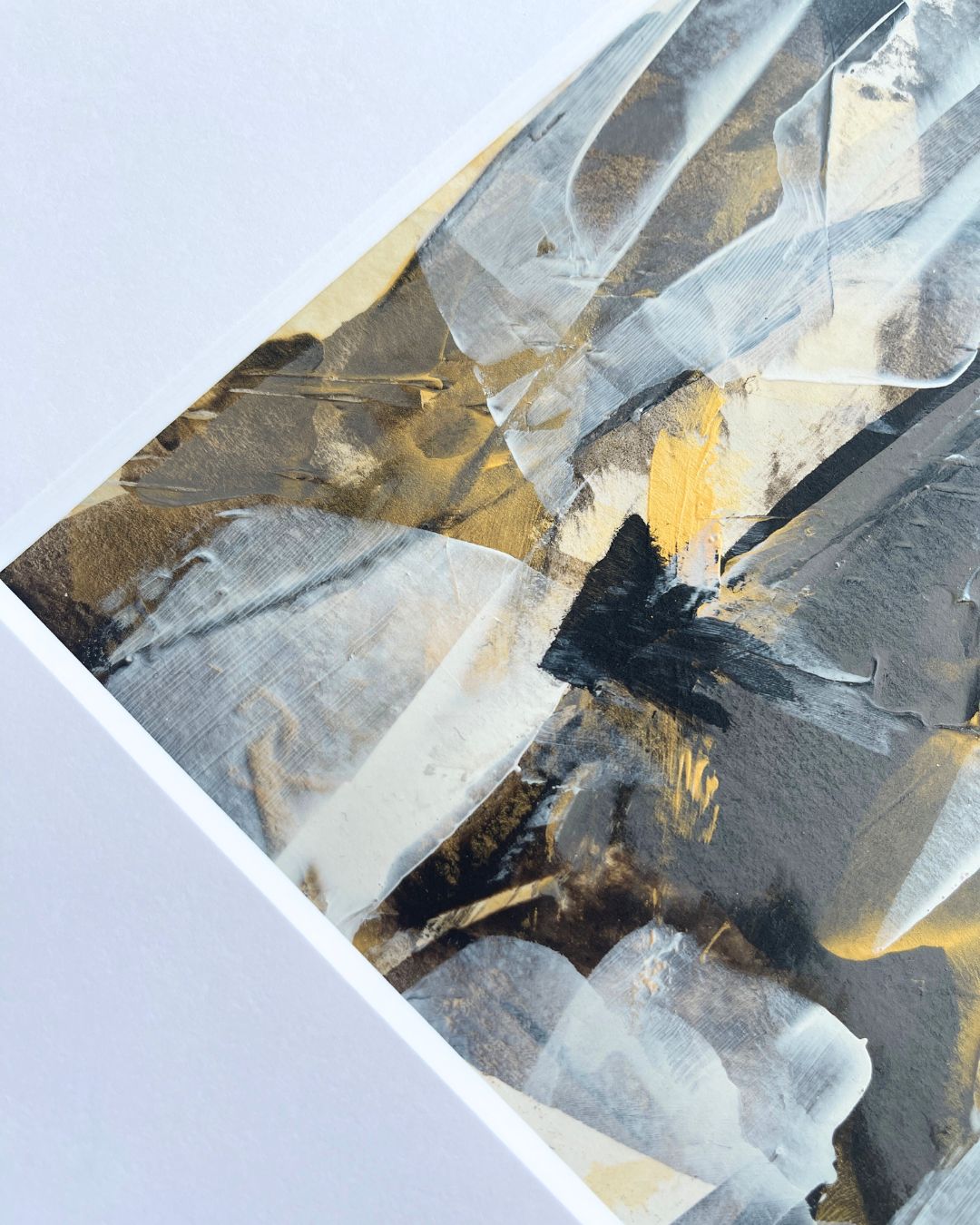 Embers | Neutral & gold original abstract painting on paper | mounted to A3 | close up of textured surface and mount | Chris Moss Art