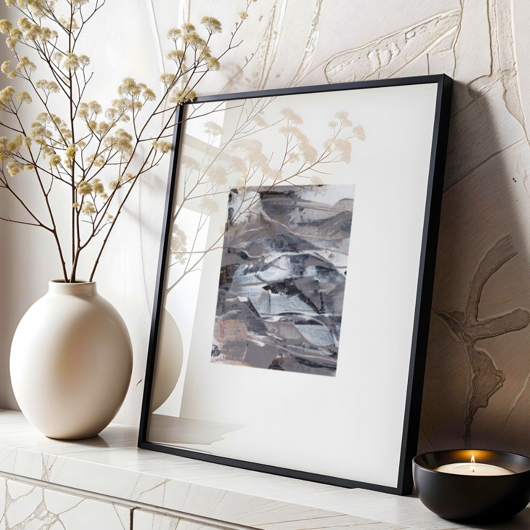 Fathom | neutral gold taupe black and white abstract fine art print | styled on console with vase and candle in a black frame | Chris Moss Art