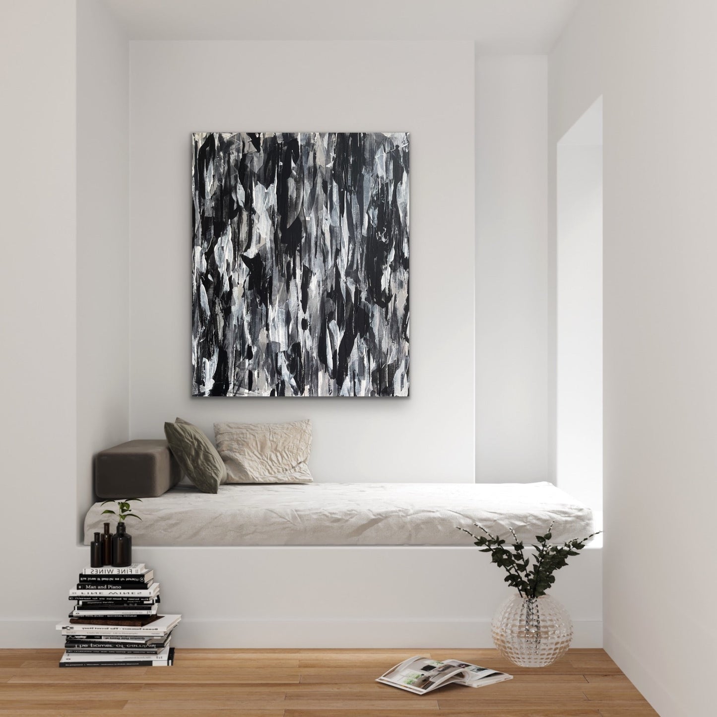 Semblance. Monochrome abstract artwork on canvas. 100x120cm. Chris Moss Art