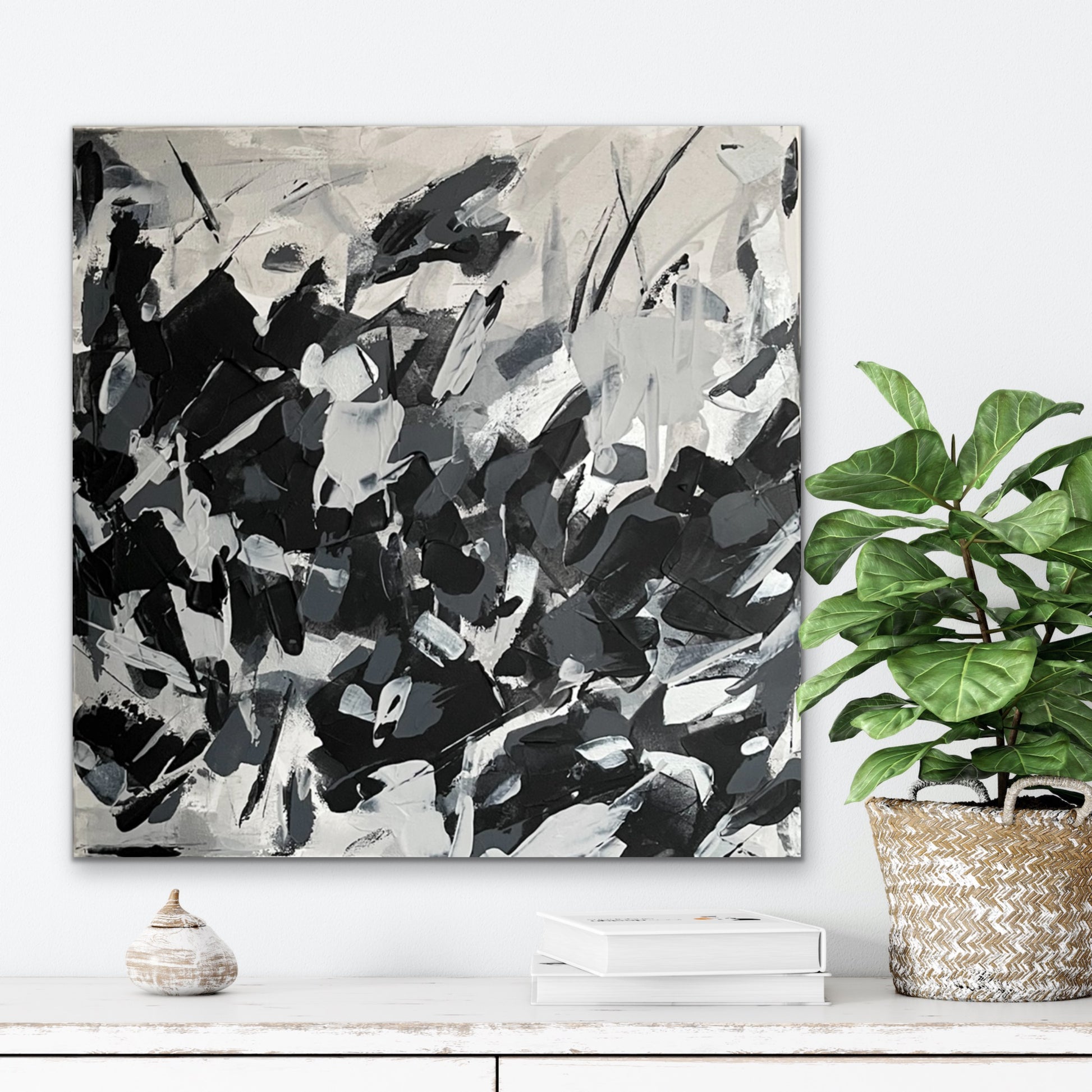 Cascade. Monochrome abstract painting on canvas. 61x61cm. Chris Moss Art.