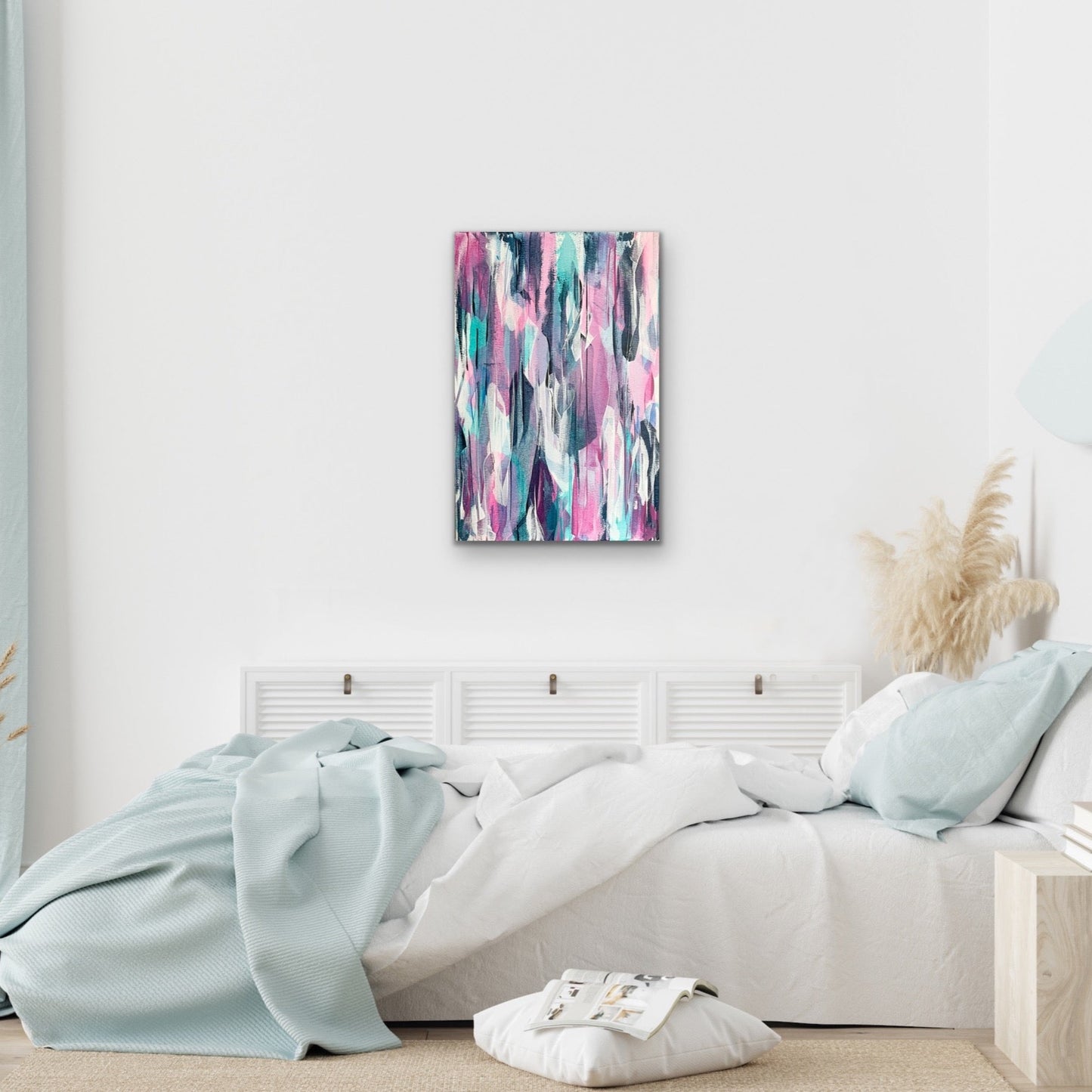 Deco. Pink, blue, teal abstract painting on canvas. 50x76cm. Chris Moss Art.