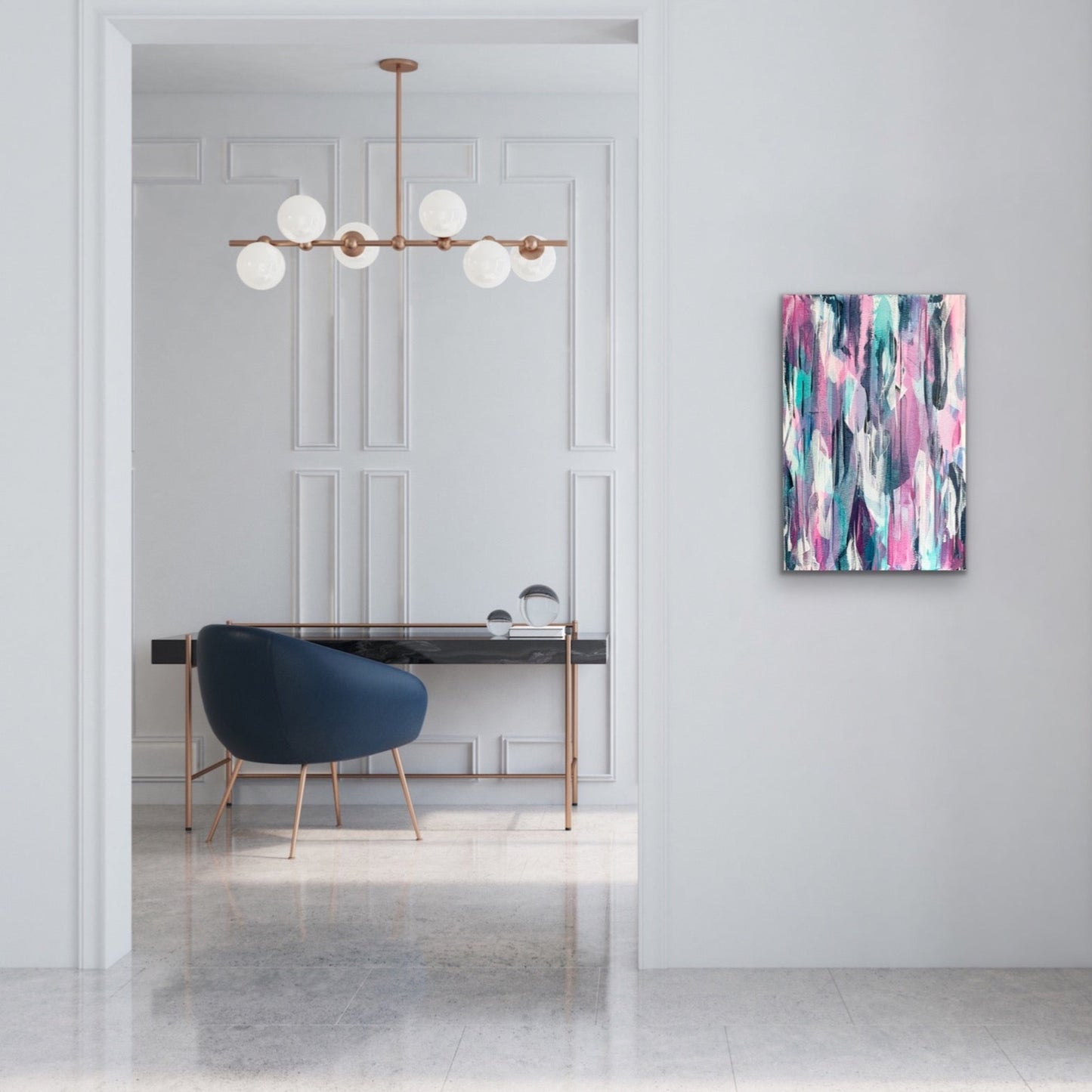 Deco. Pink, blue, teal abstract painting on canvas. 50x76cm. Chris Moss Art.