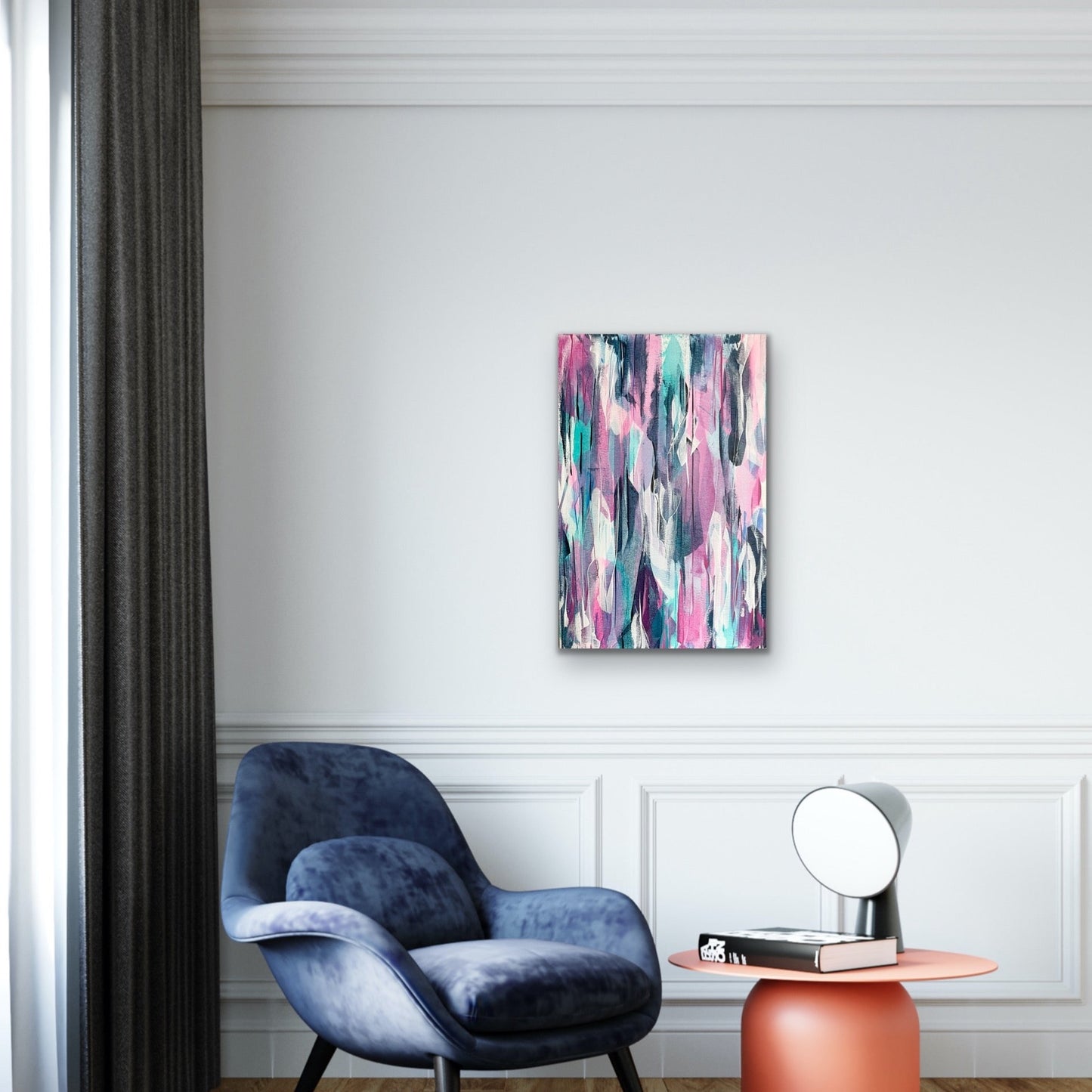 Deco. Pink, blue, teal abstract painting on canvas. 50x76cm. Chris Moss Art.