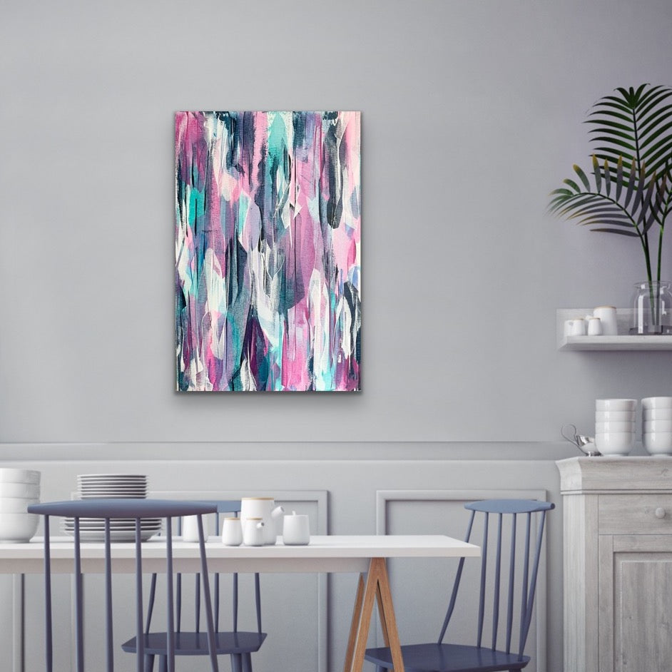 Deco. Pink, blue, teal abstract painting on canvas. 50x76cm. Chris Moss Art.