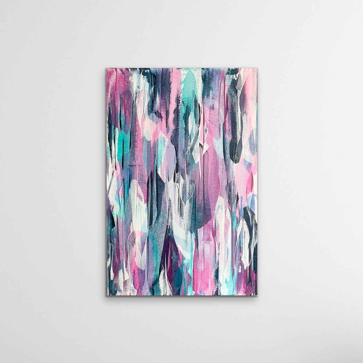 Deco. Pink, blue, teal abstract painting on canvas. 50x76cm. Chris Moss Art.