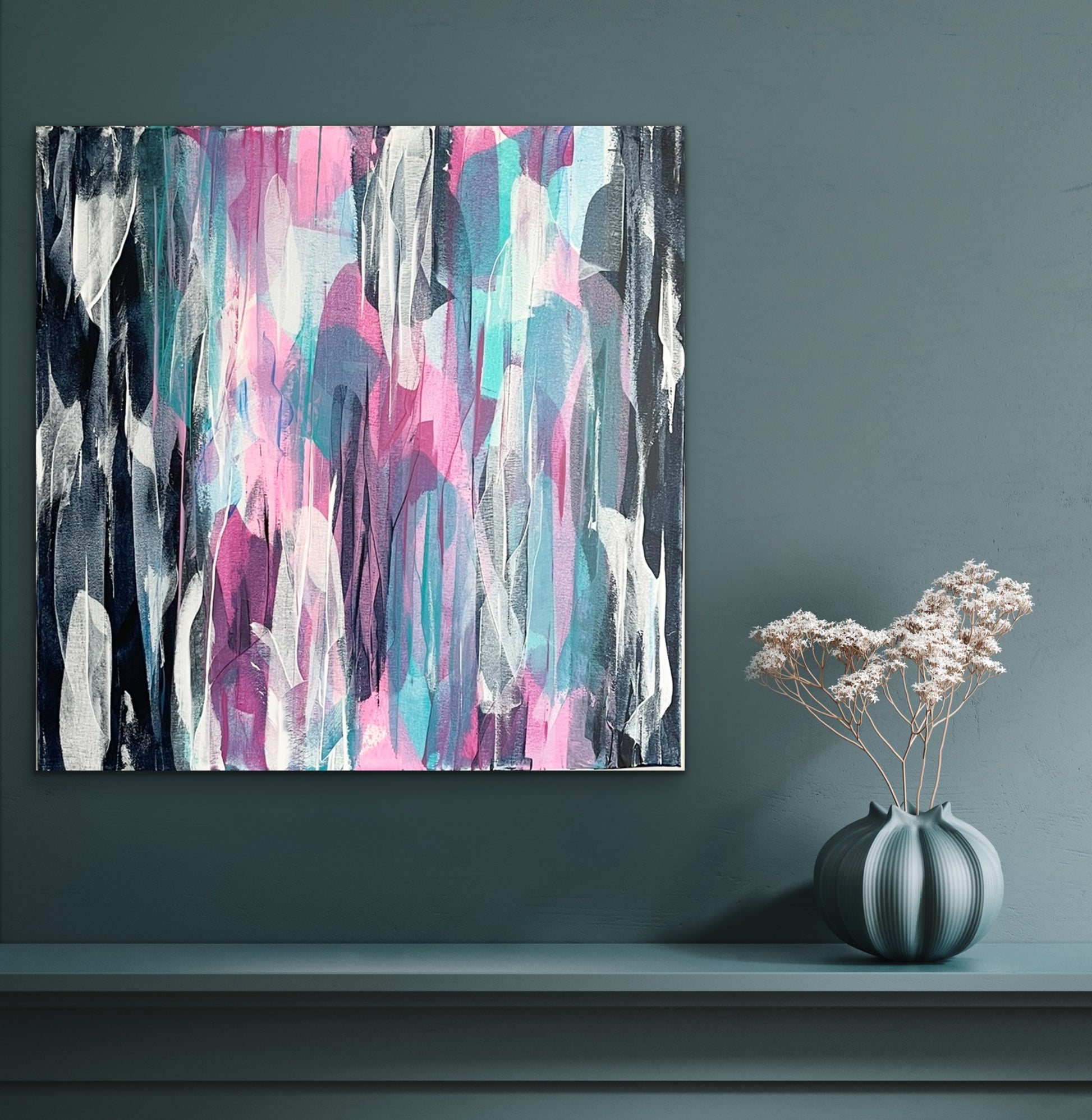 Nouveau. Pink, blue and teal abstract painting on canvas. 61x61cm. Chris Moss Art.