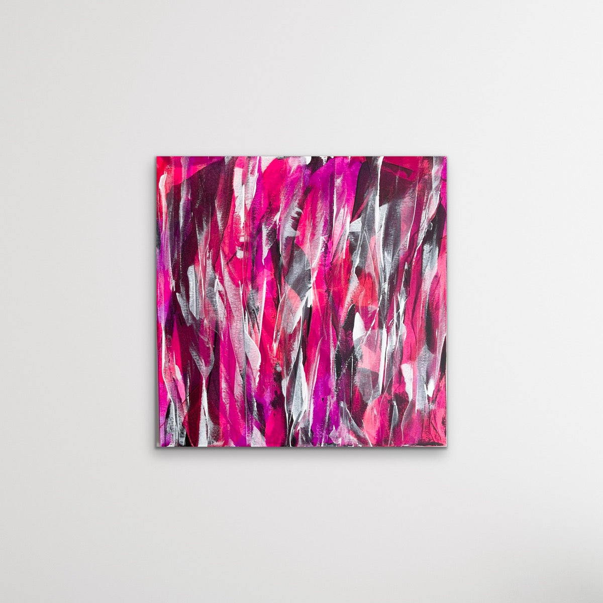 Phantom: Luminati. Pink, violet and white abstract painting on canvas. 61x61cm. Chris Moss Art.