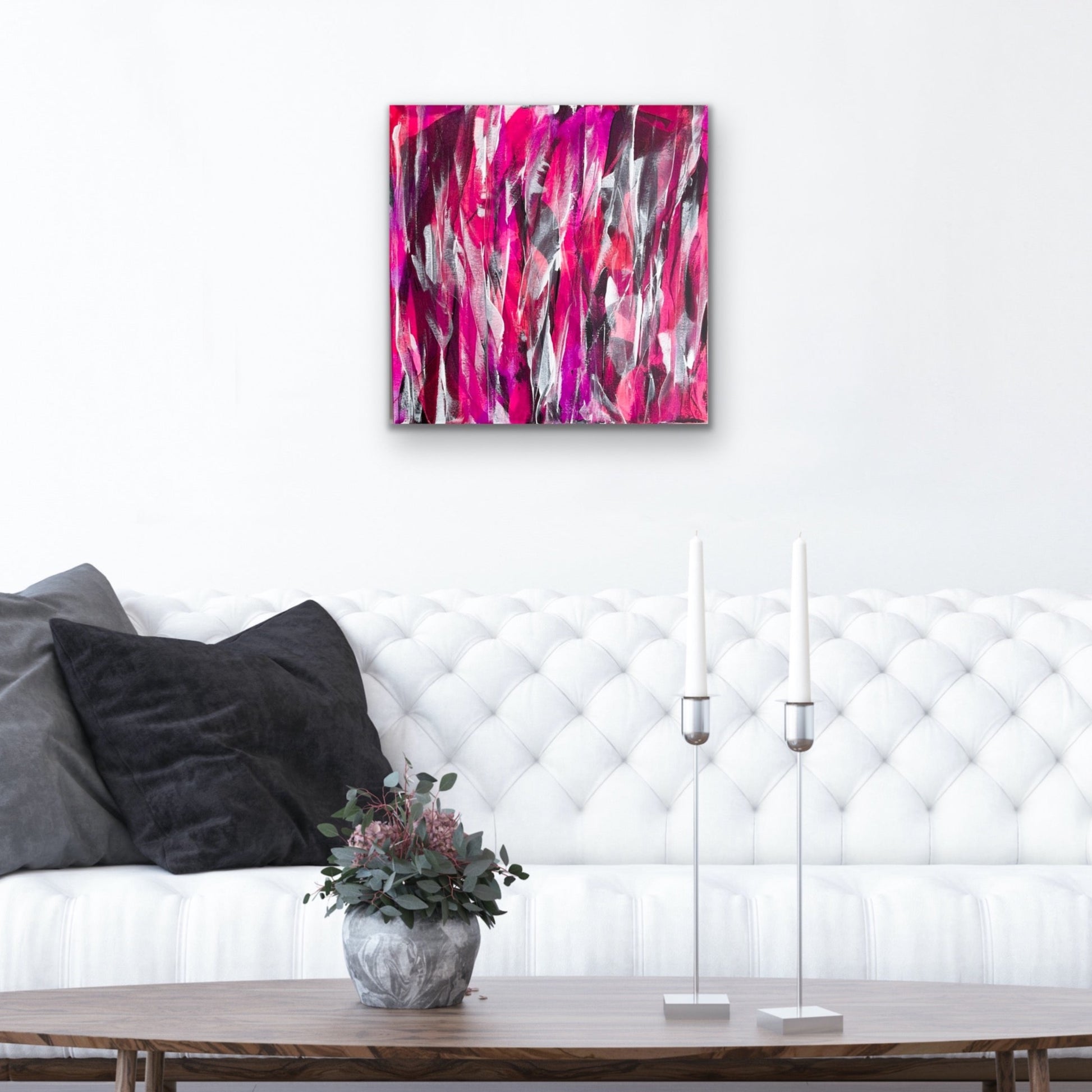 Phantom: Luminati. Pink, violet and white abstract painting on canvas. 61x61cm. Chris Moss Art.