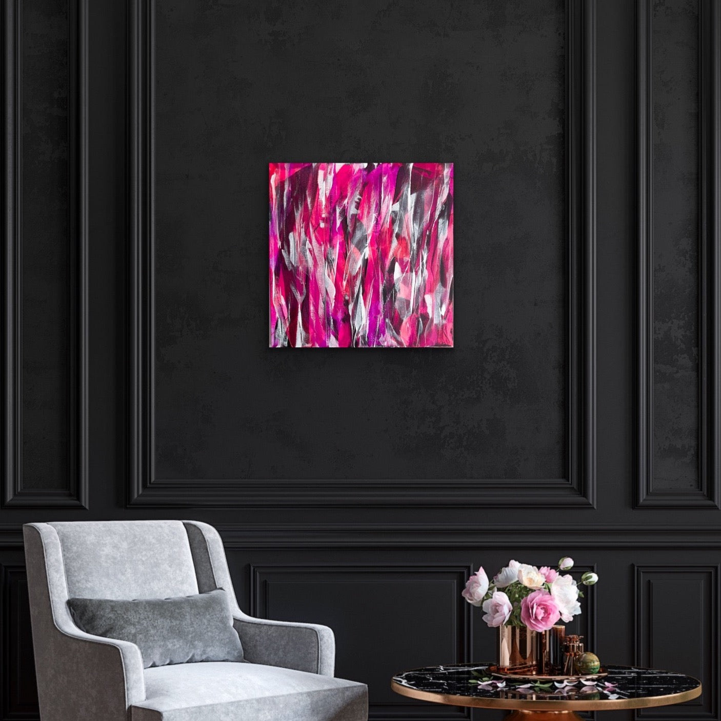 Phantom: Luminati. Pink, violet and white abstract painting on canvas. 61x61cm. Chris Moss Art.