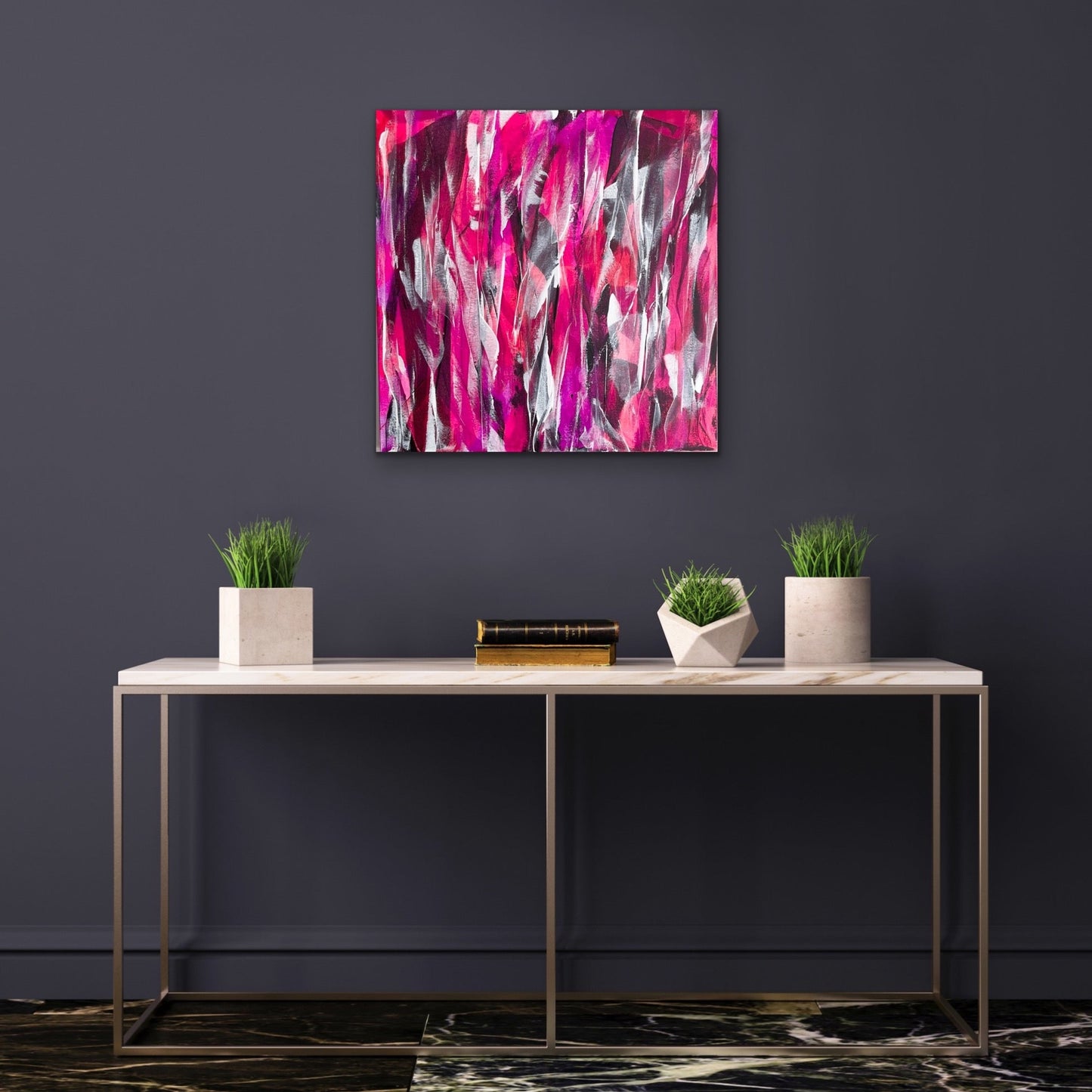 Phantom: Luminati. Pink, violet and white abstract painting on canvas. 61x61cm. Chris Moss Art.