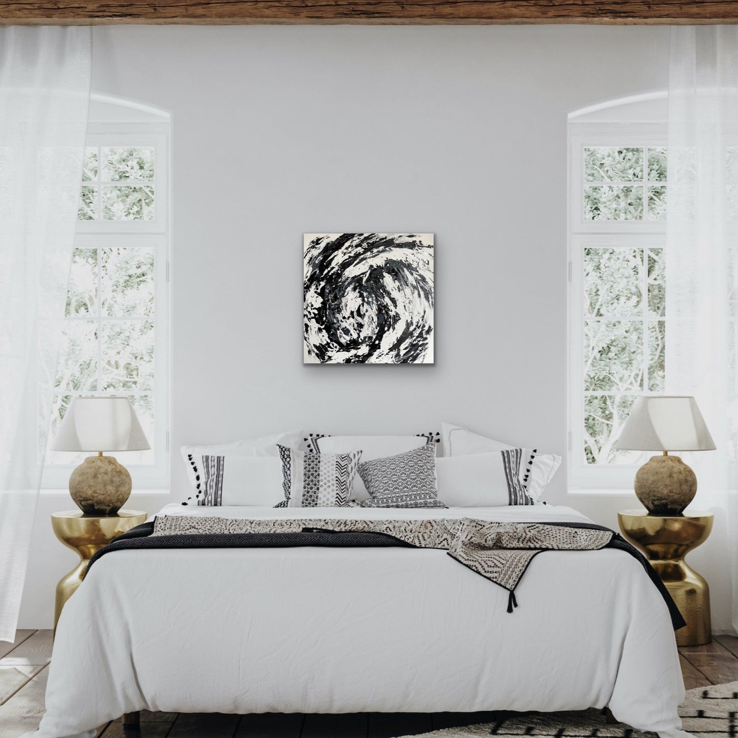 Hurricane. textured monochrome abstract painting on canvas. 61x61cm. Chris Moss Art