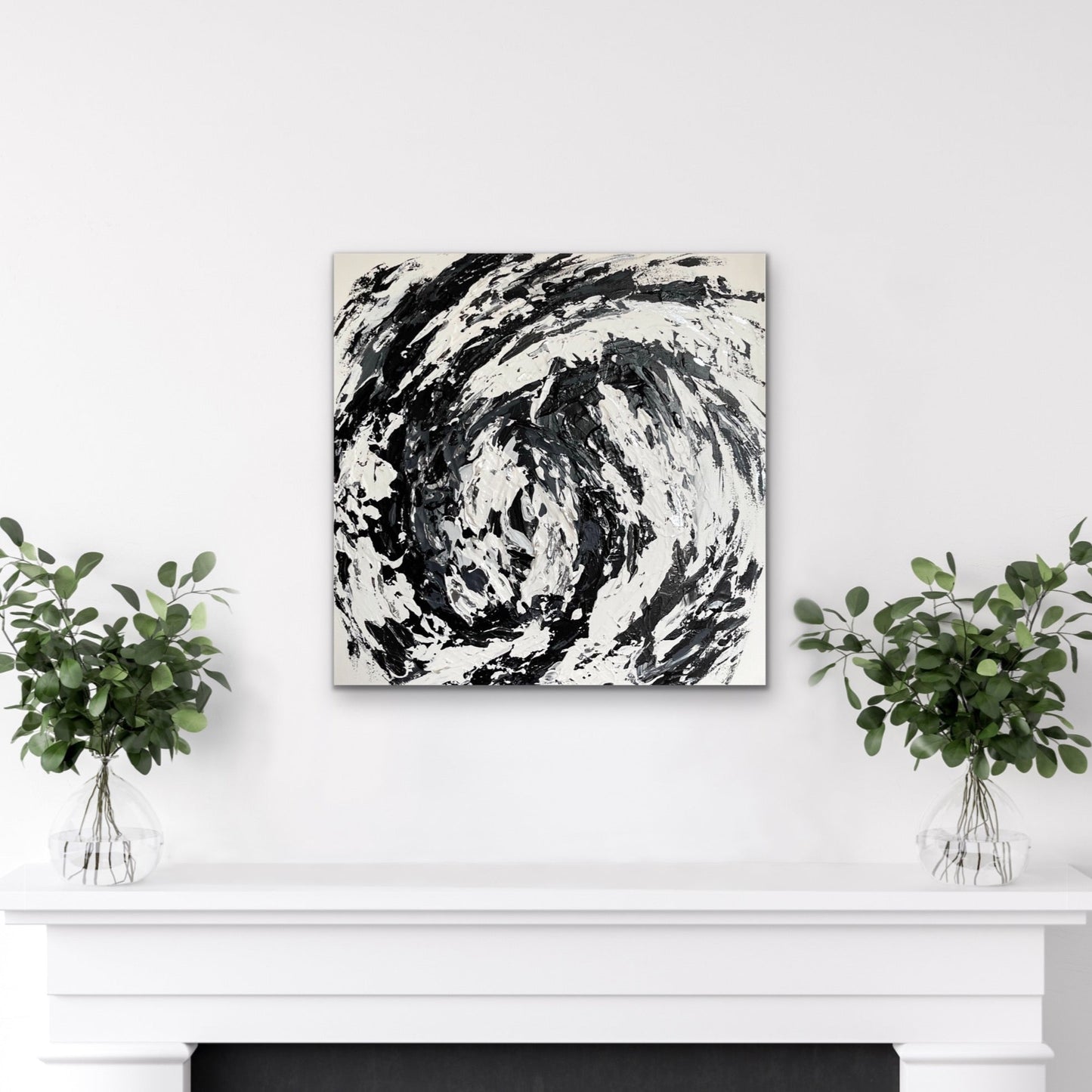 Hurricane. textured monochrome abstract painting on canvas. 61x61cm. Chris Moss Art