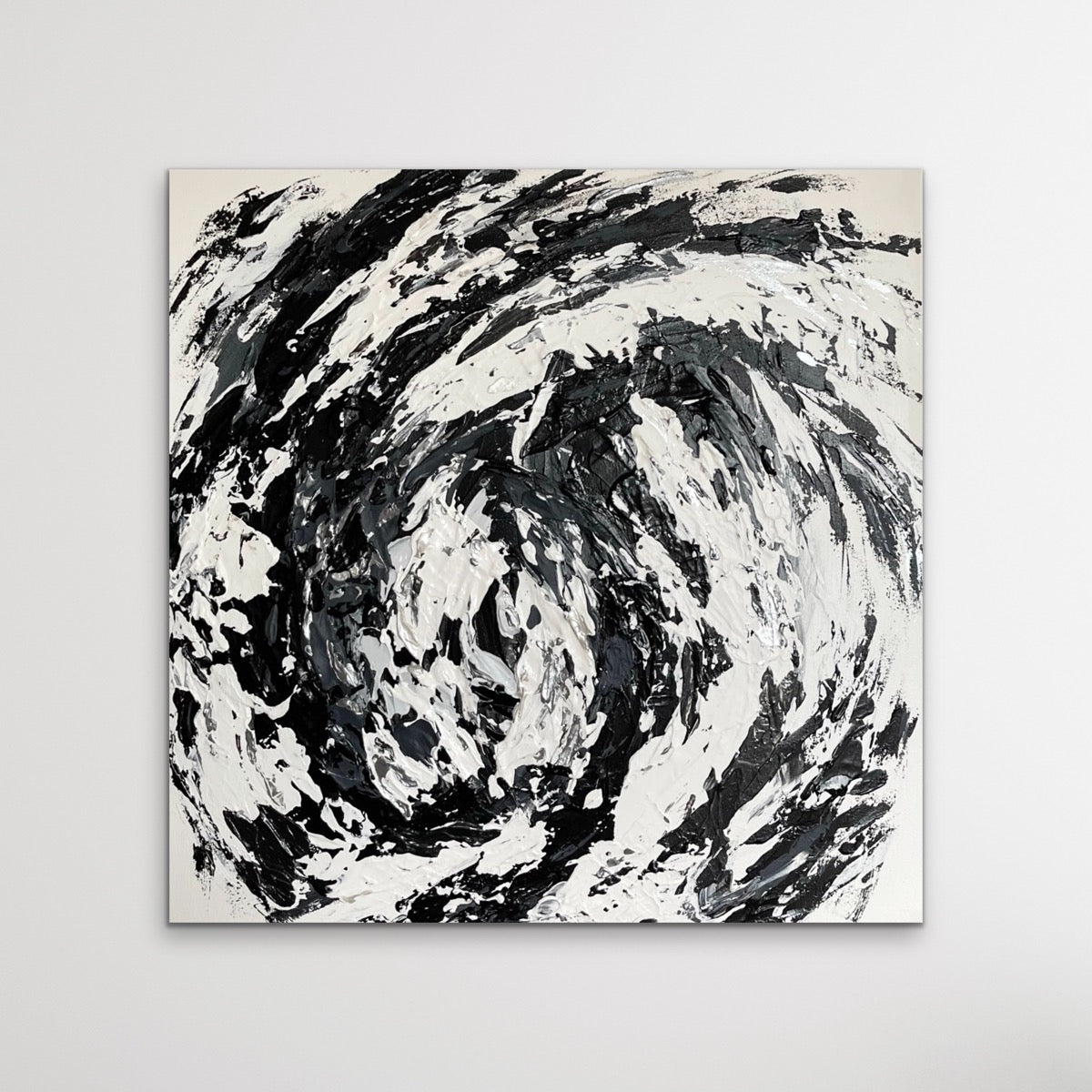 Hurricane. textured monochrome abstract painting on canvas. 61x61cm. Chris Moss Art