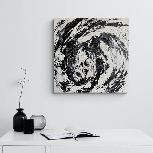 Hurricane. textured monochrome abstract painting on canvas. 61x61cm. Chris Moss Art