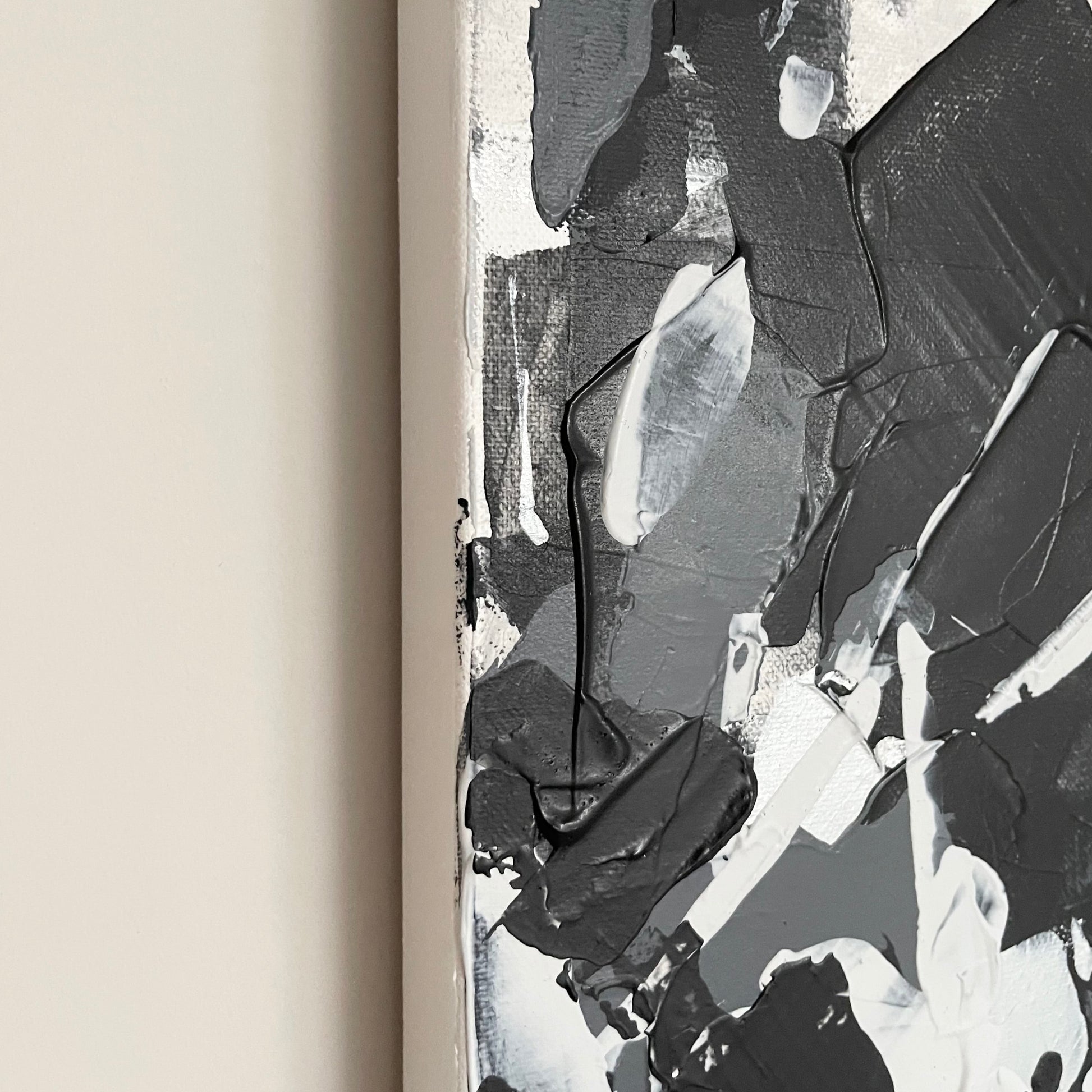 Cascade. Monochrome abstract painting on canvas. 61x61cm. Chris Moss Art.