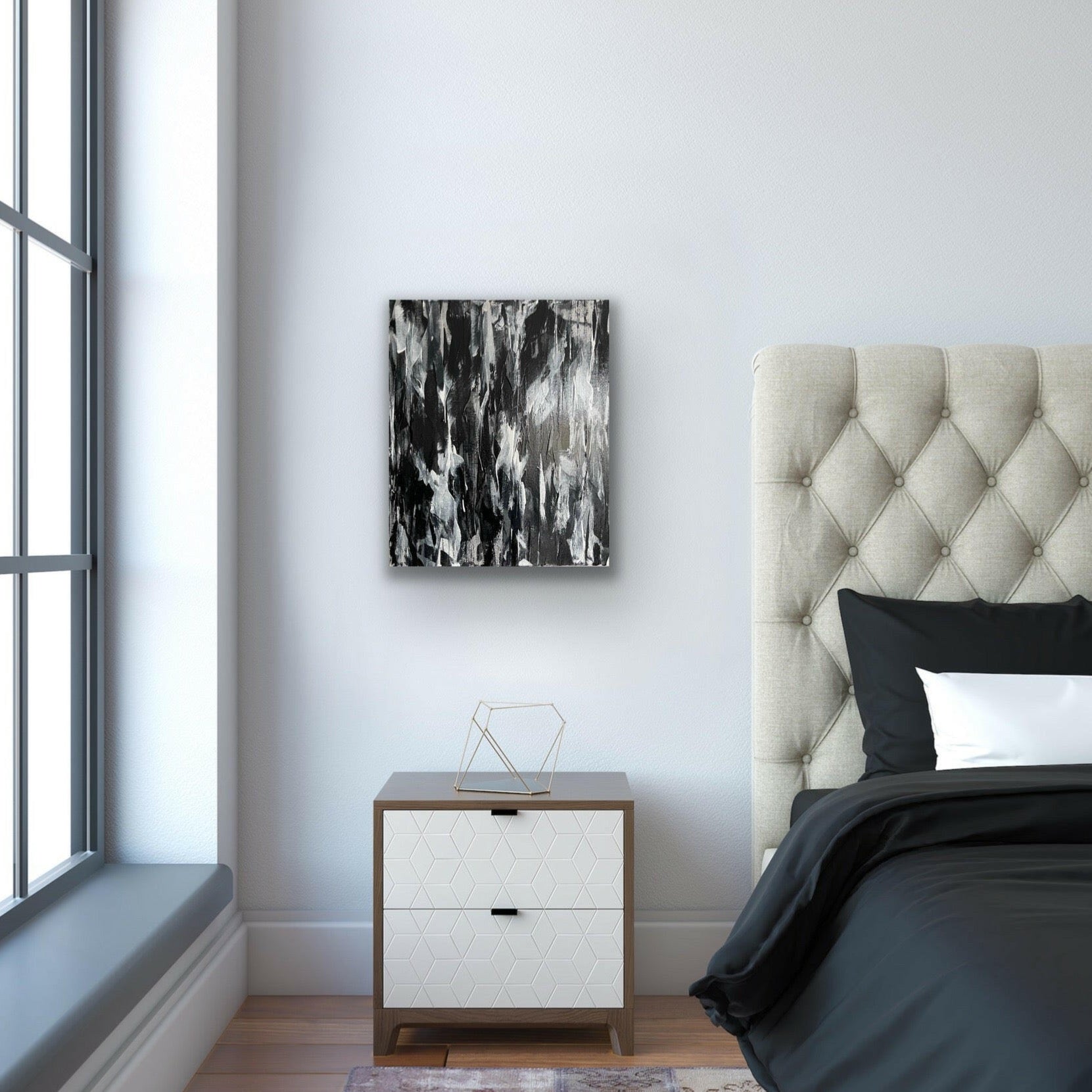 Spirit. Monochrome abstract painting on canvas. 51x61cm. Chris Moss Art.