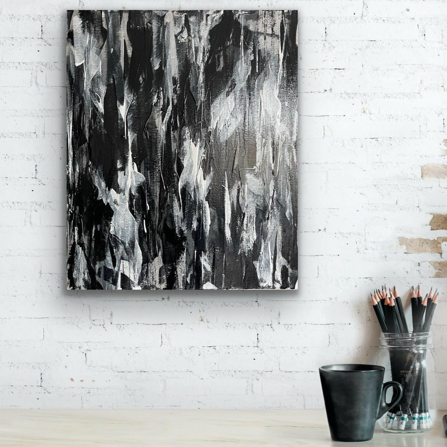 Spirit. Monochrome abstract painting on canvas. 51x61cm. Chris Moss Art.