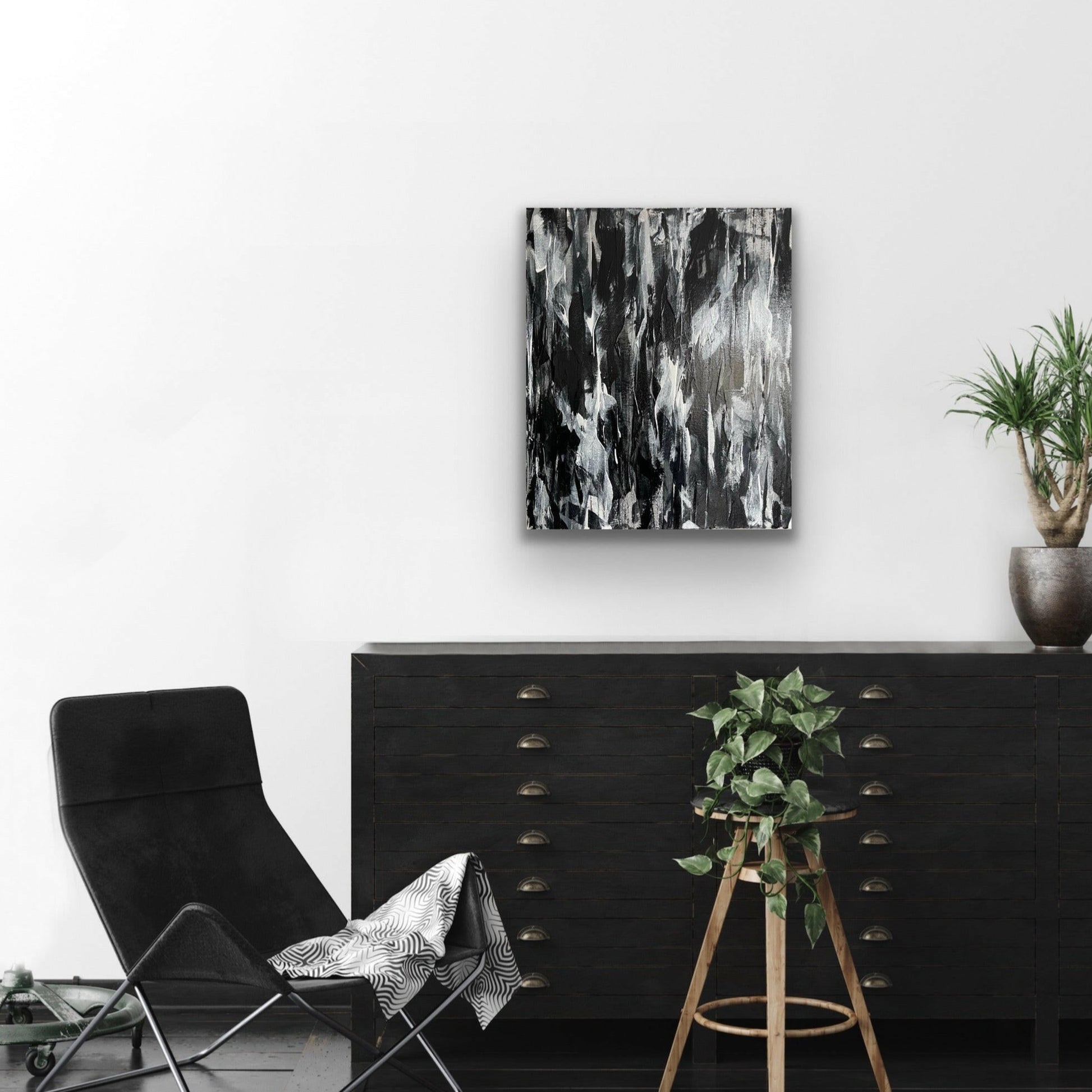 Spirit. Monochrome abstract painting on canvas. 51x61cm. Chris Moss Art.