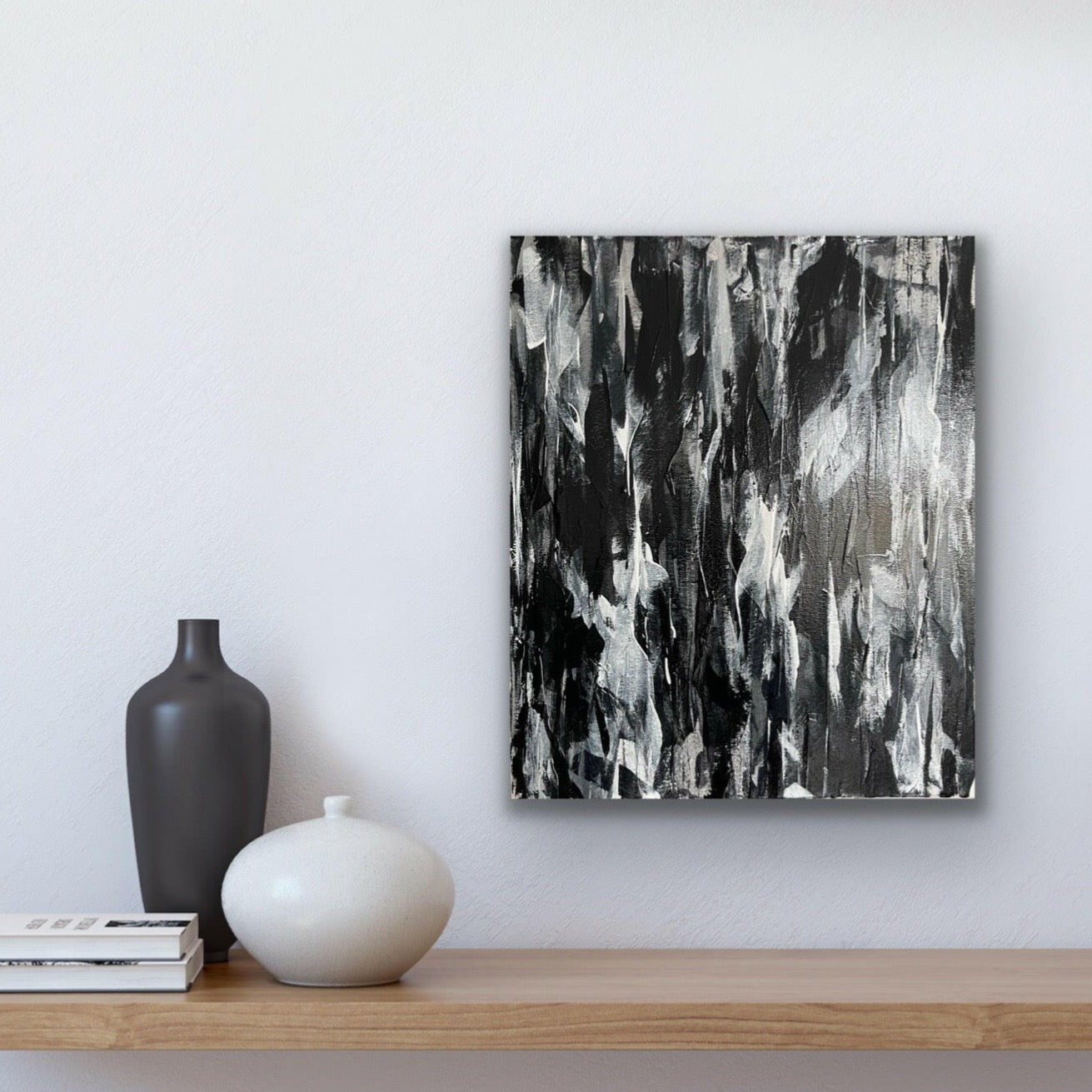 Spirit. Monochrome abstract painting on canvas. 51x61cm. Chris Moss Art.