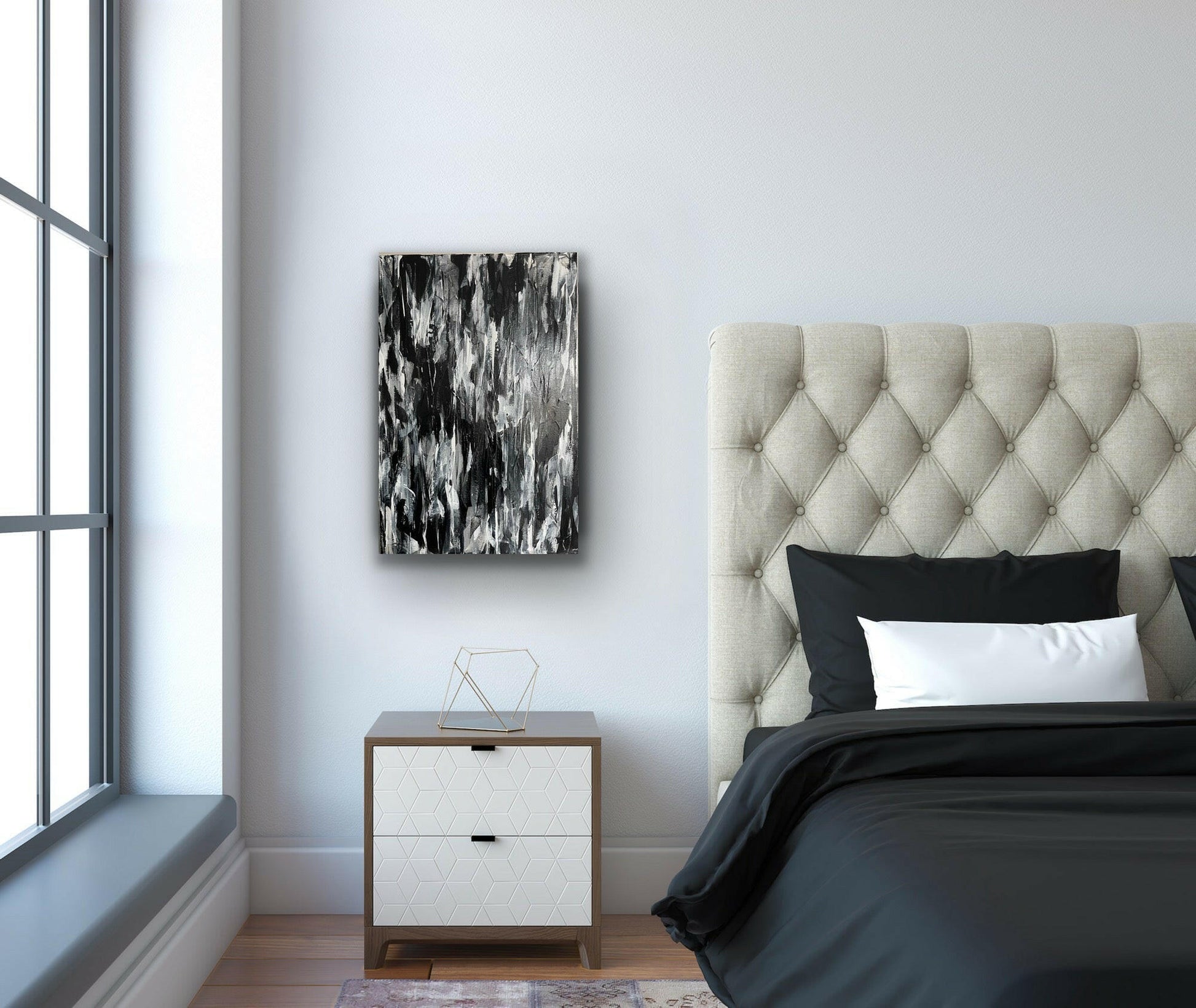 Shadow. Monochrome abstract painting on canvas. 50x76cm. Chris Moss Art.