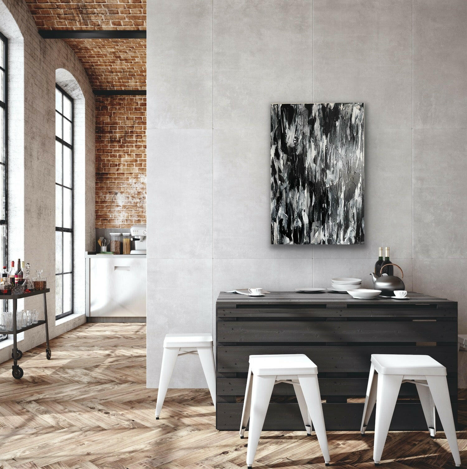 Shadow. Monochrome abstract painting on canvas. 50x76cm. Chris Moss Art.