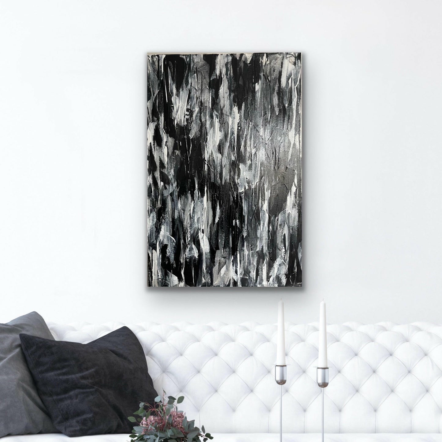 Shadow. Monochrome abstract painting on canvas. 50x76cm. Chris Moss Art.