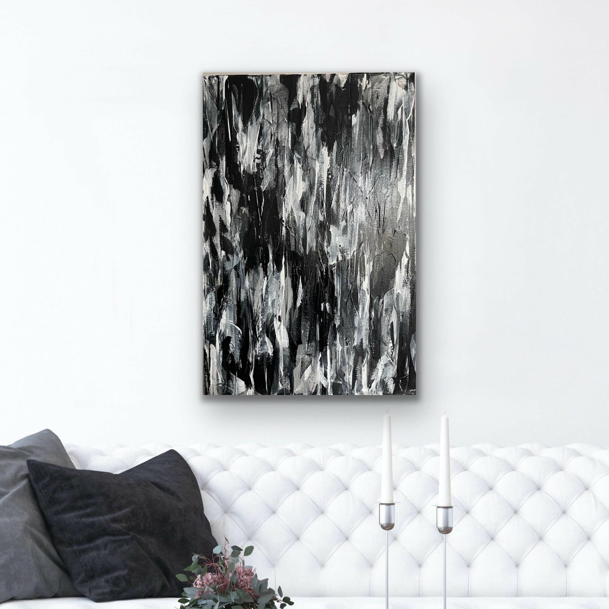 Shadow. Monochrome abstract painting on canvas. 50x76cm. Chris Moss Art.