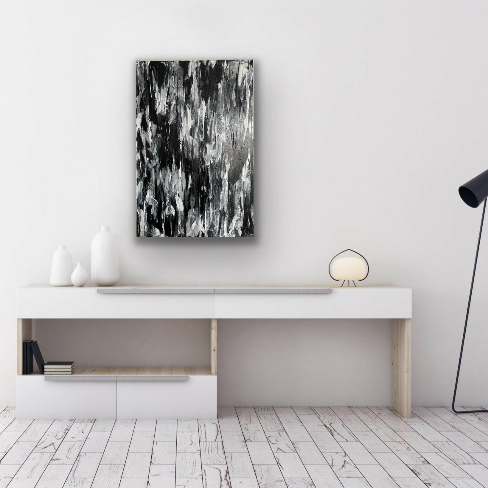 Shadow. Monochrome abstract painting on canvas. 50x76cm. Chris Moss Art.