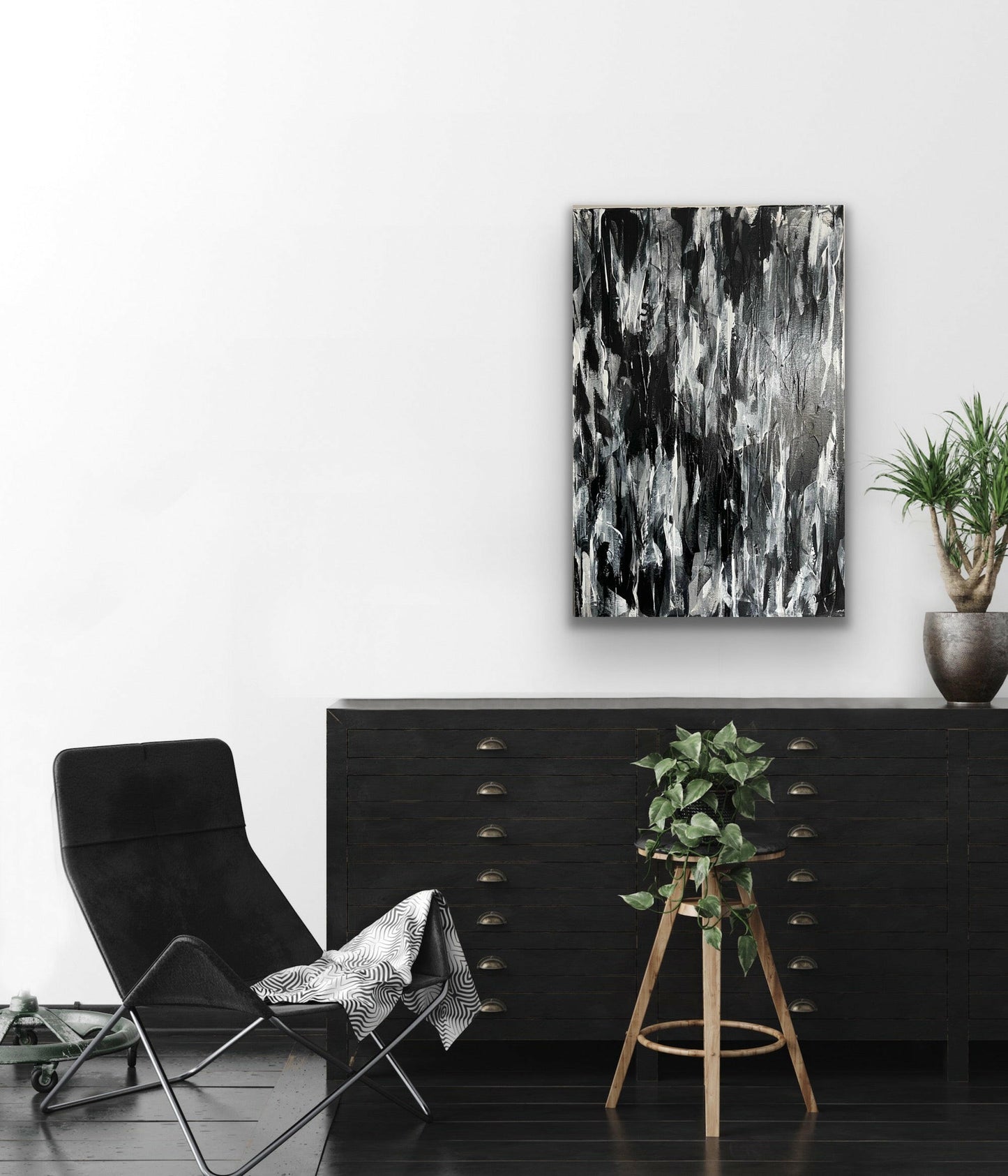 Shadow. Monochrome abstract painting on canvas. 50x76cm. Chris Moss Art.