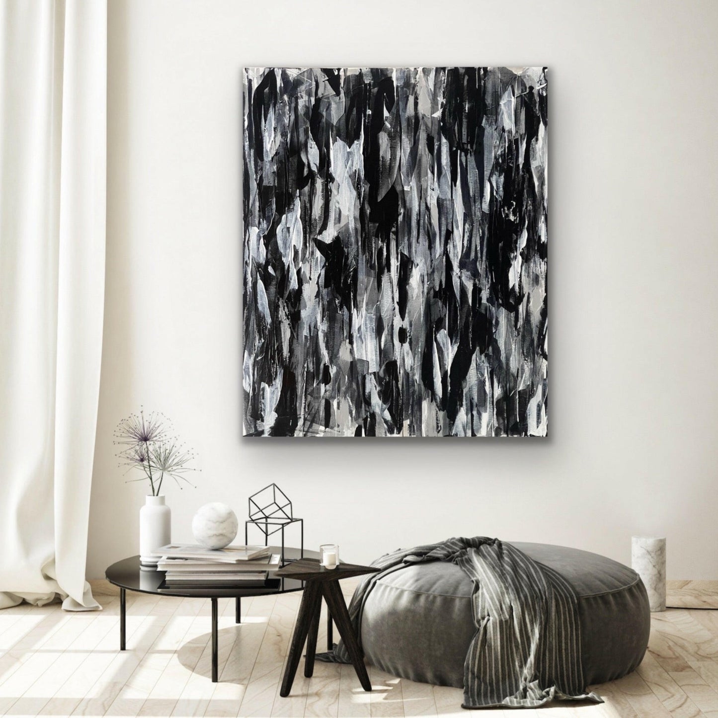 Semblance. Monochrome abstract artwork on canvas. 100x120cm. Chris Moss Art