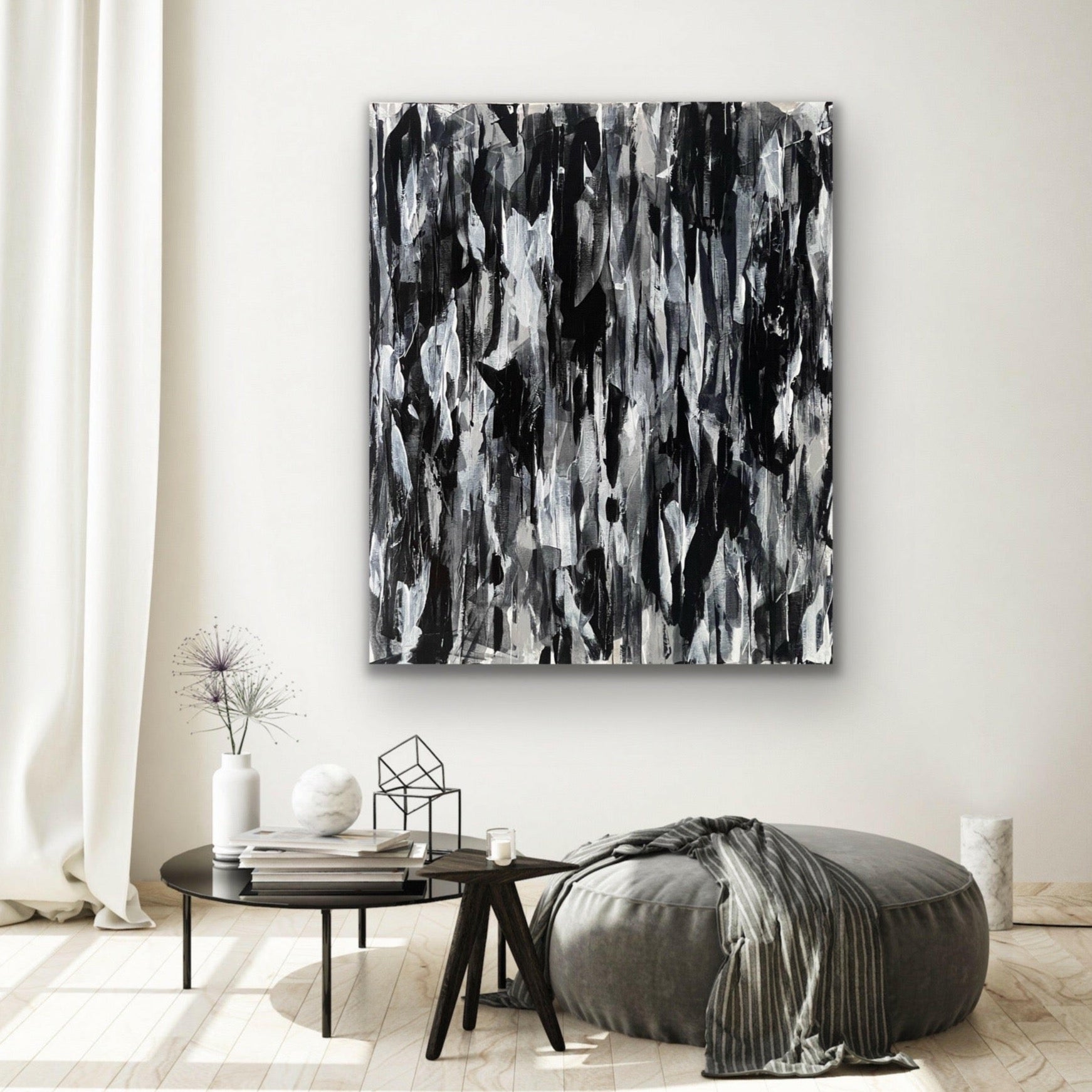 Semblance. Monochrome abstract artwork on canvas. 100x120cm. Chris Moss Art