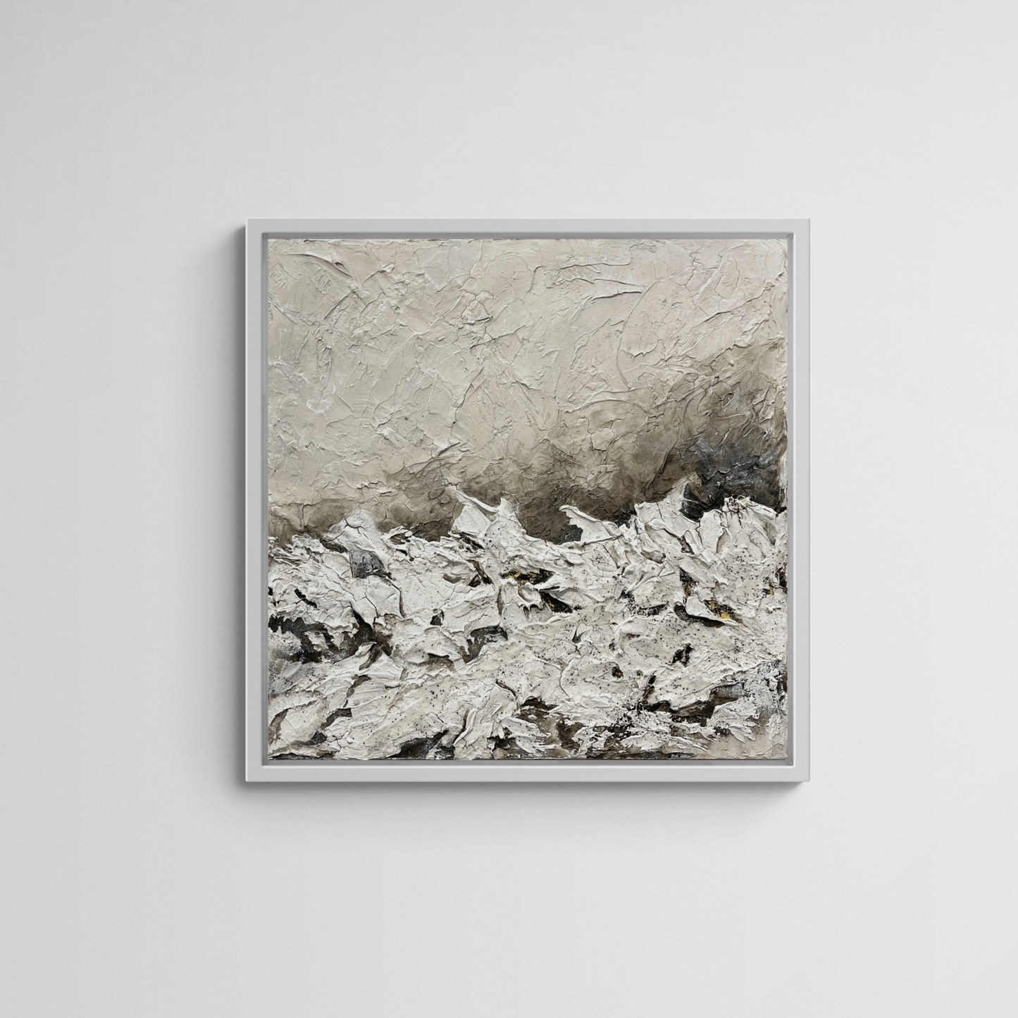 MIRAGE | Original textured abstract artwork on canvas with neutral palette, gold-leaf and sand | 100X100cm | ready to hang in white Obeche wood frame. Chris Moss Art