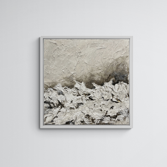 MIRAGE | Original textured abstract artwork on canvas with neutral palette, gold-leaf and sand | 100X100cm | ready to hang in white Obeche wood frame. Chris Moss Art