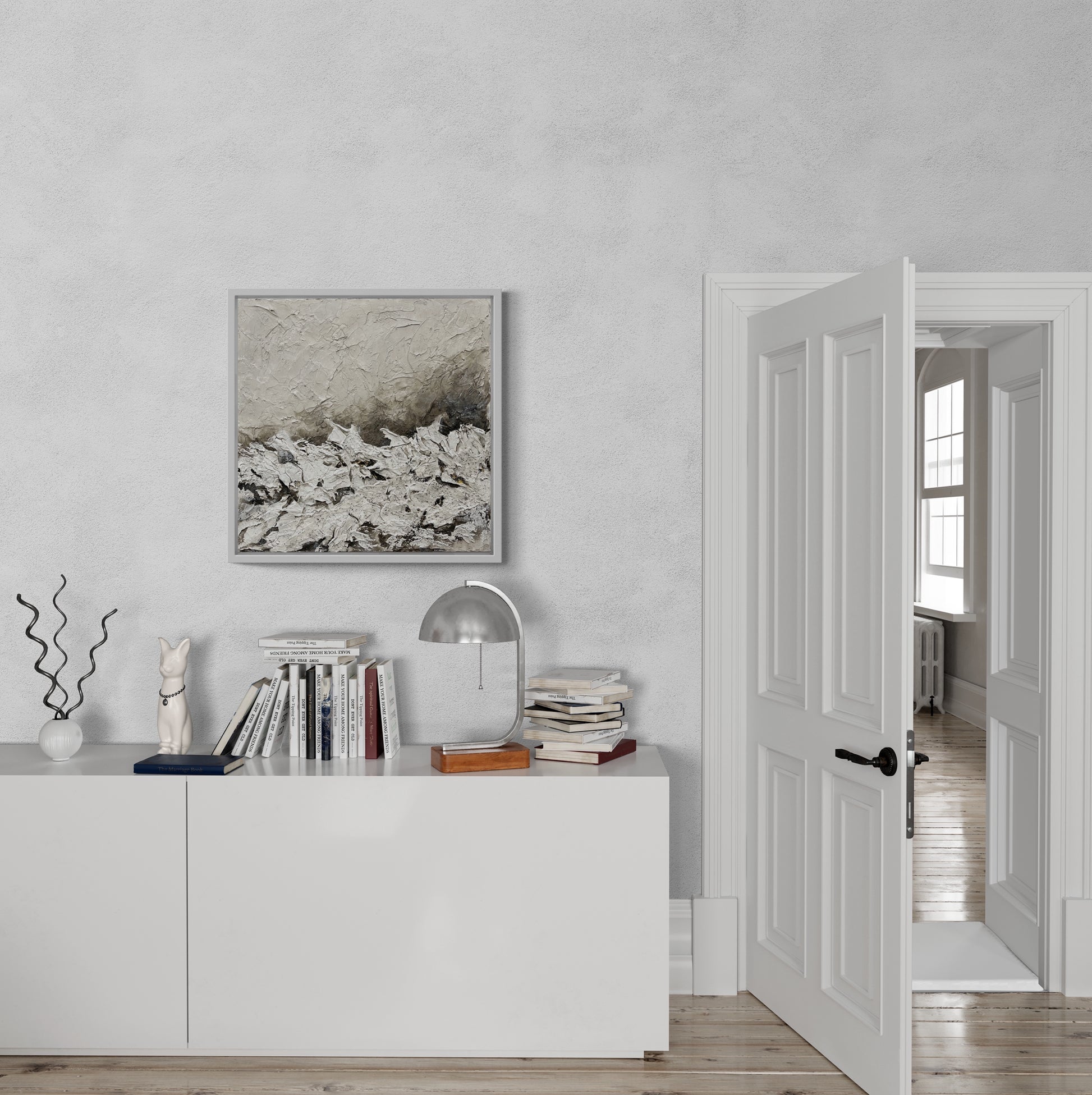 Mirage | Original textured abstract artwork on canvas with neutral palette, gold-leaf and sand |7070cm | ready to hang in white Obeche wood frame. Chris Moss Art