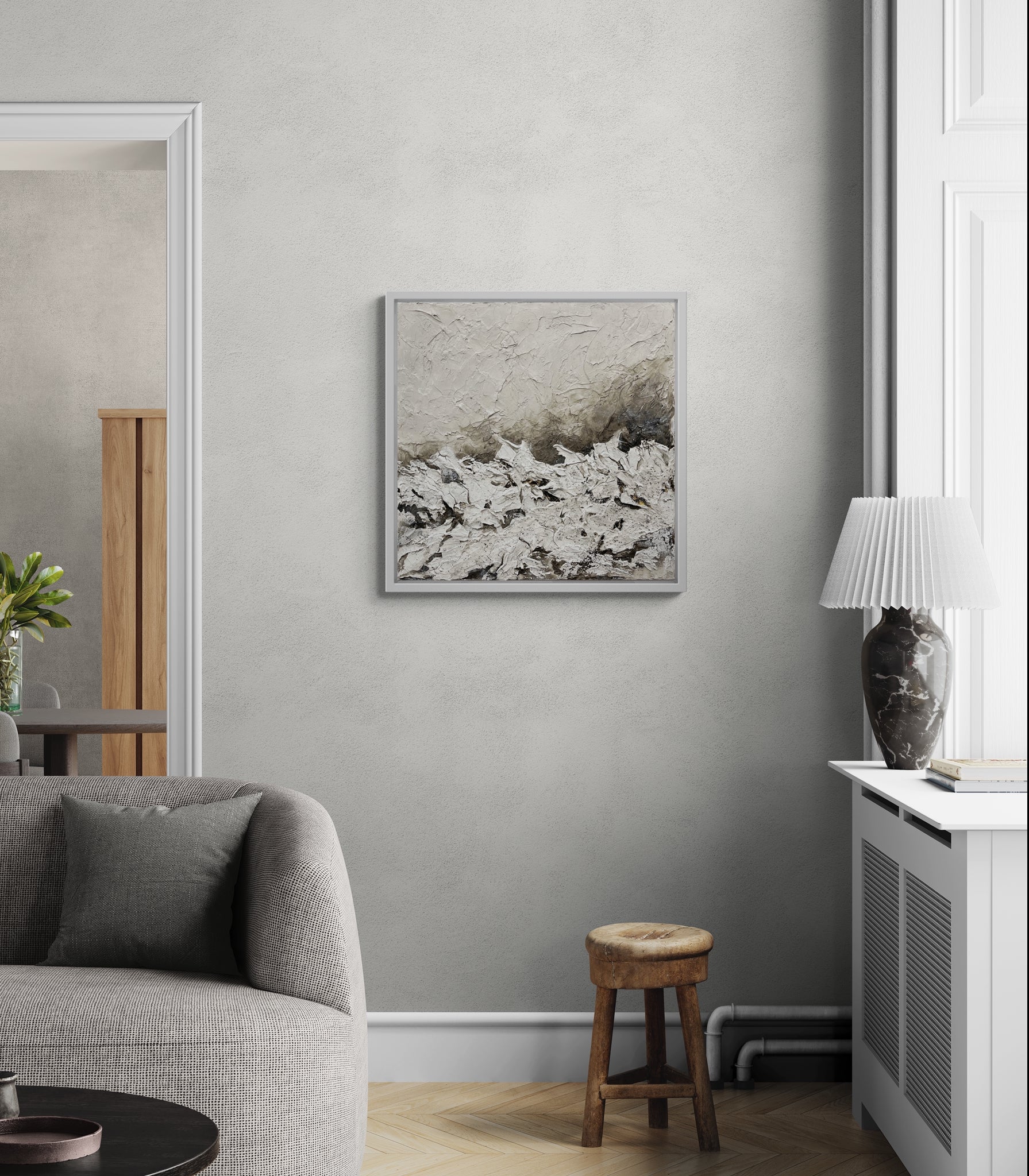 Mirage | Original textured abstract artwork on canvas with neutral palette, gold-leaf and sand |7070cm | ready to hang in white Obeche wood frame. Chris Moss Art