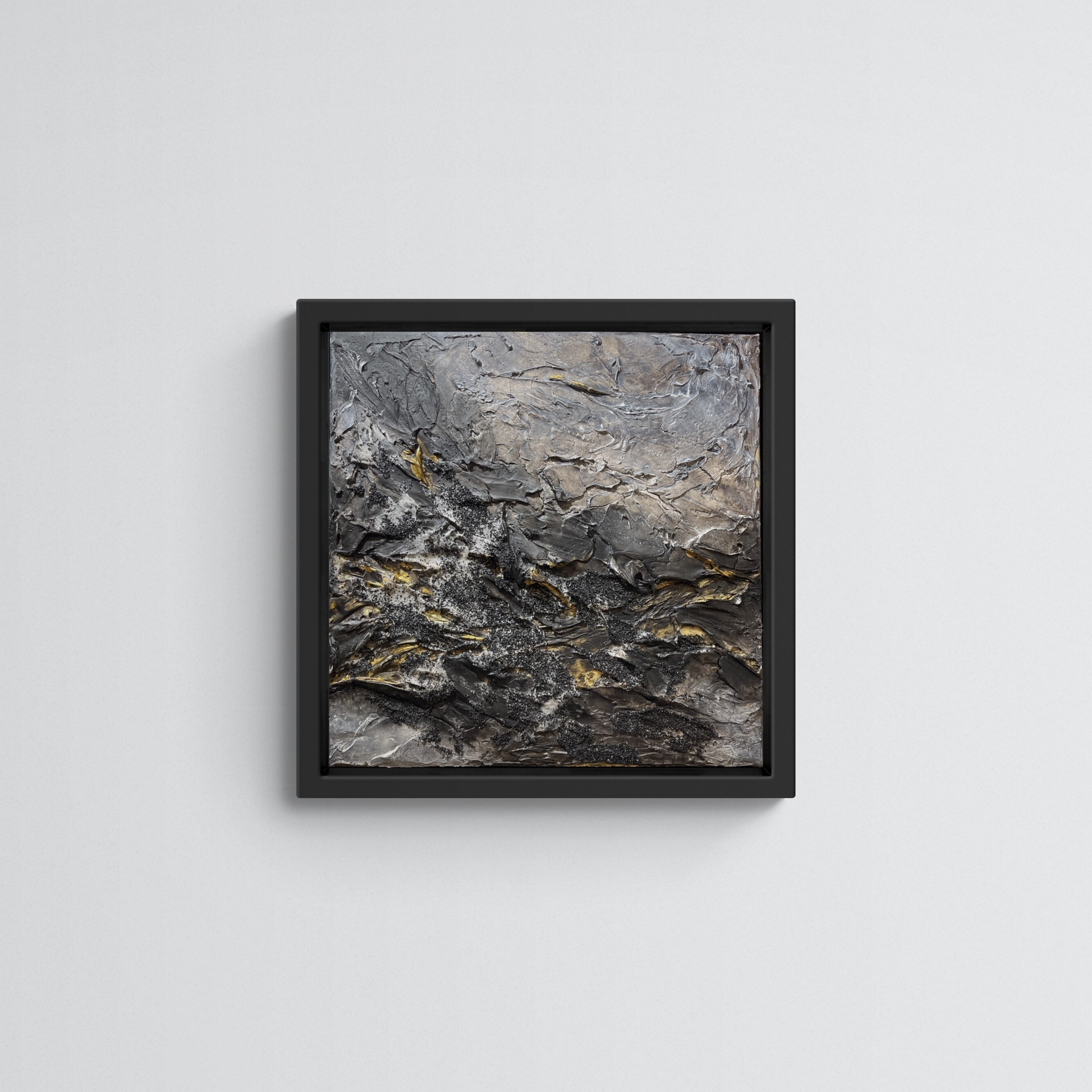 OMEN | Original textured abstract artwork on canvas with neutral palette, gold-leaf and sand | 40X40cm | ready to hang in black Obeche wood frame. Chris Moss Art