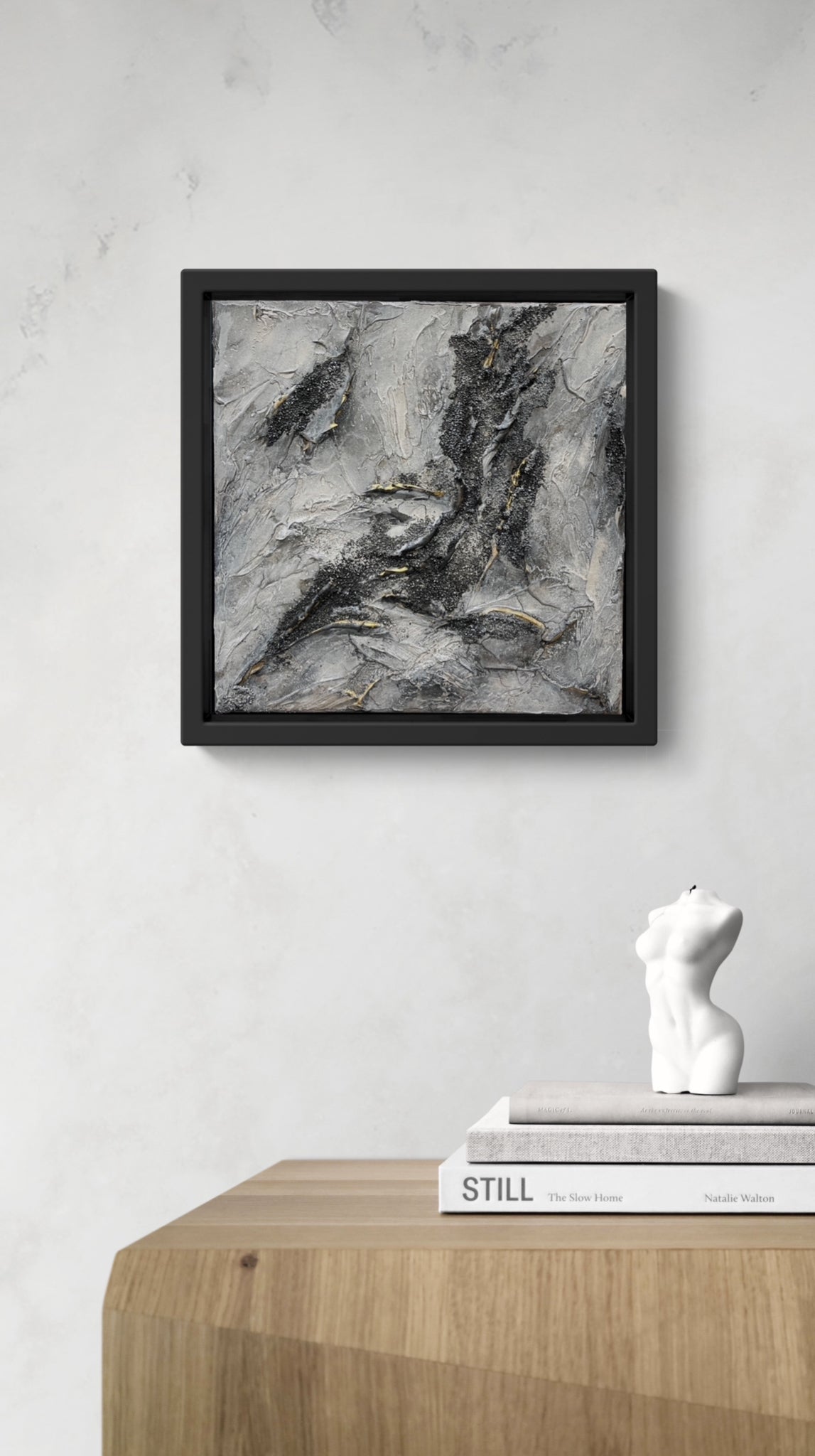 ORACLE | Original textured abstract artwork on canvas with neutral palette, gold-leaf and sand | 30X30cm | ready to hang in black Obeche wood frame. Chris Moss Art