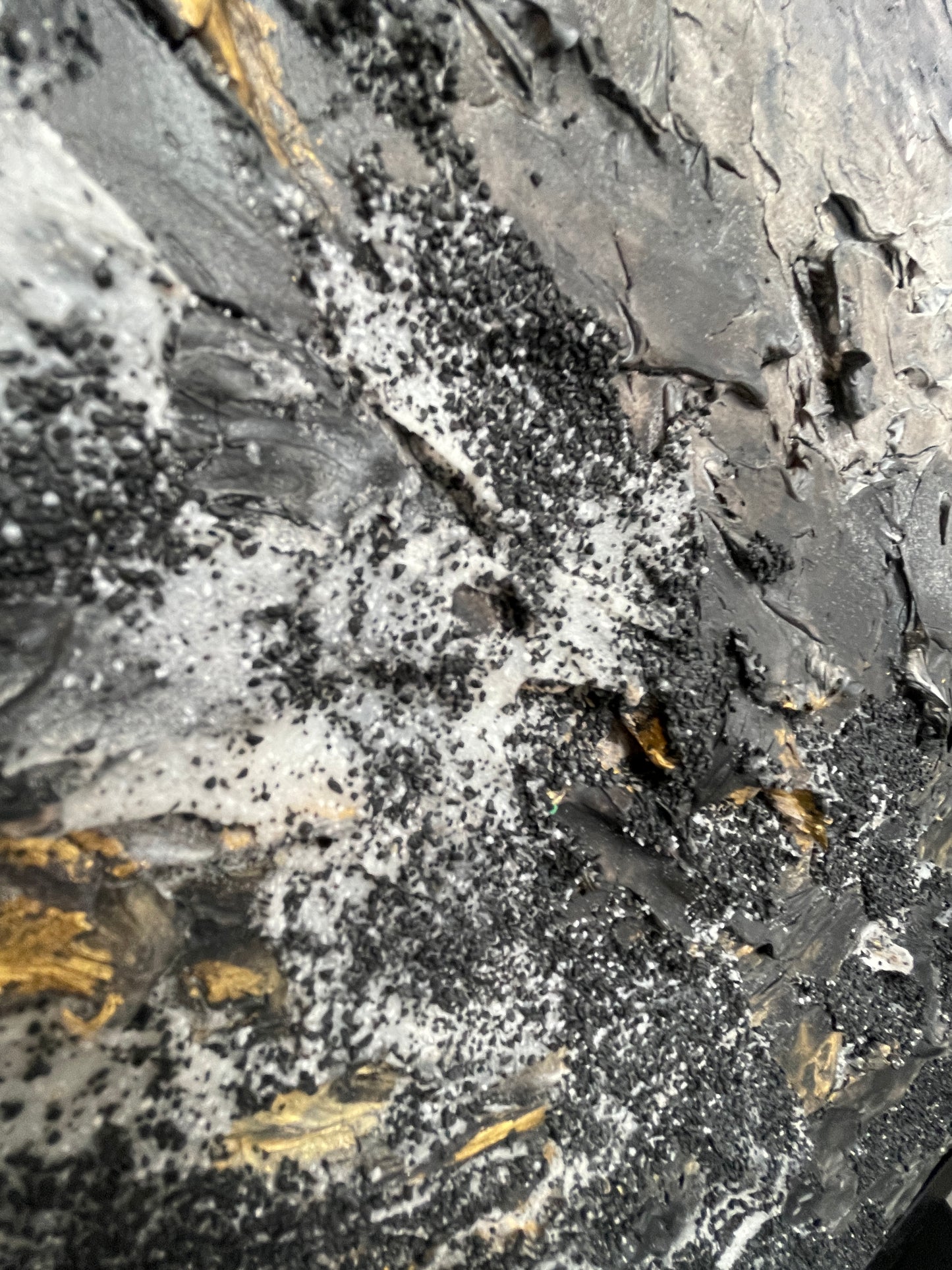 Omen | Original textured abstract artwork on canvas with dark neutral palette, gold-leaf and sand |7070cm | ready to hang in black Obeche wood frame. Chris Moss Art