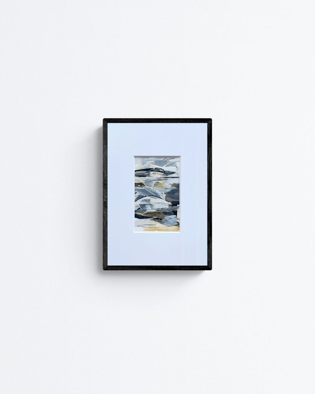 Ore | neutral & gold original abstract painting on paper | mounted to A4 | mock-up - framed on cream wall background Chris Moss Art