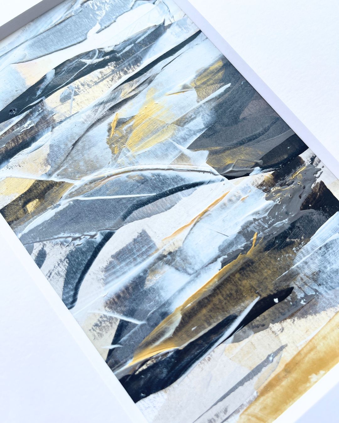 Ore | neutral & gold original abstract painting on paper | mounted to A4 | close up | Chris Moss Art
