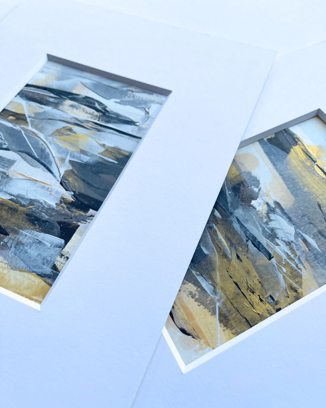 Ore | neutral & gold original abstract painting on paper | mounted to A4 | close up with Dune | Chris Moss Art