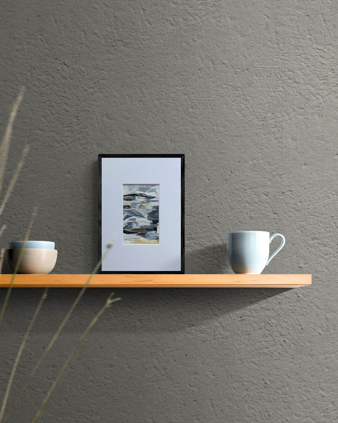 Ore | neutral & gold original abstract painting on paper | mounted to A4 | room mock up - ore on a shelf against a taupe background| Chris Moss Art