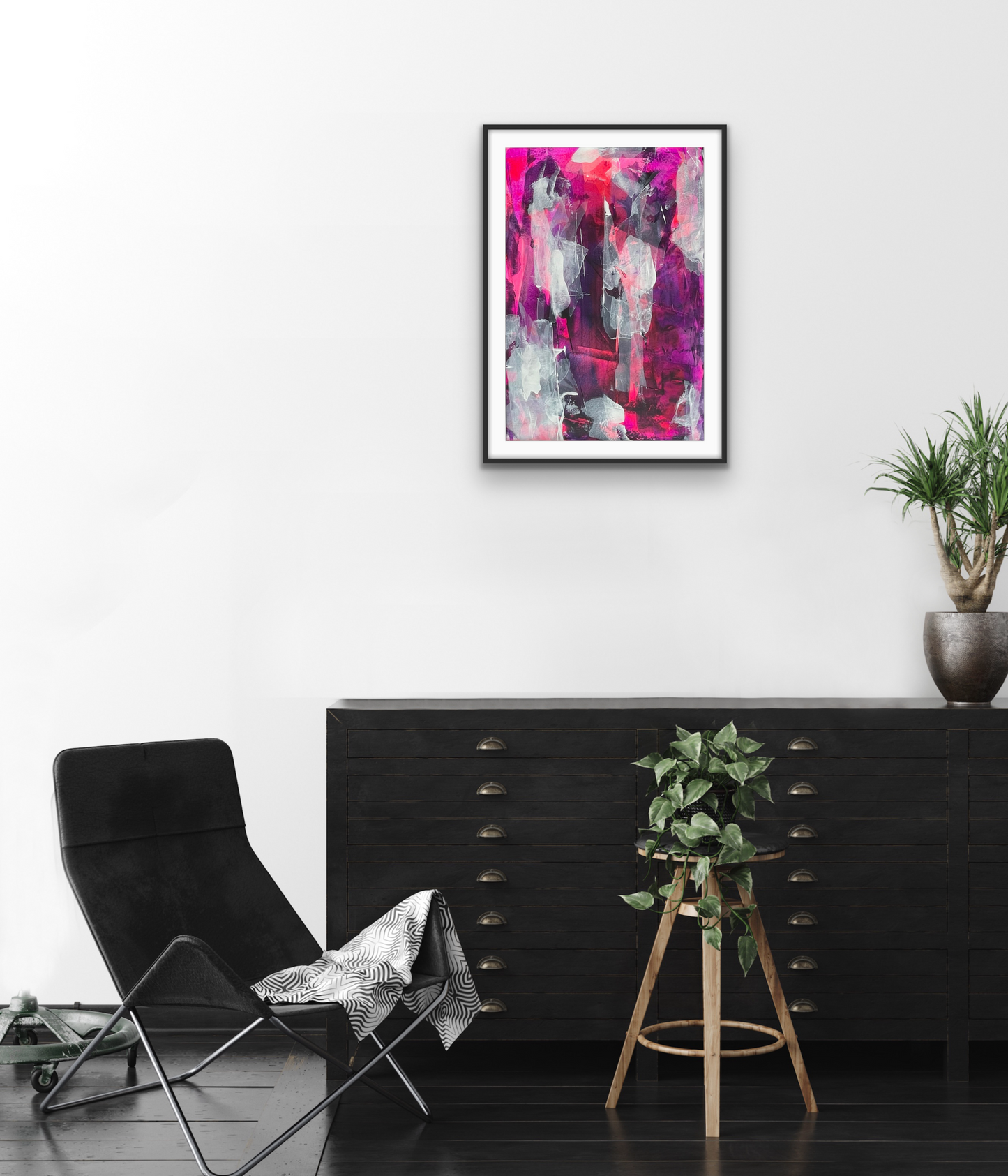 Masquerade. Pink, violet and white abstract painting on paper. A2. Chris Moss Art.